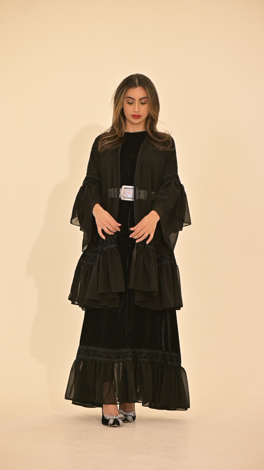 2 Pieces Black velvet and chiffon Abaya