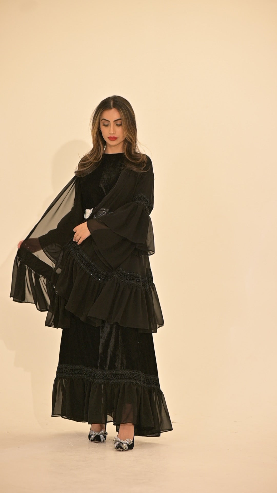 2 Pieces Black velvet and chiffon Abaya