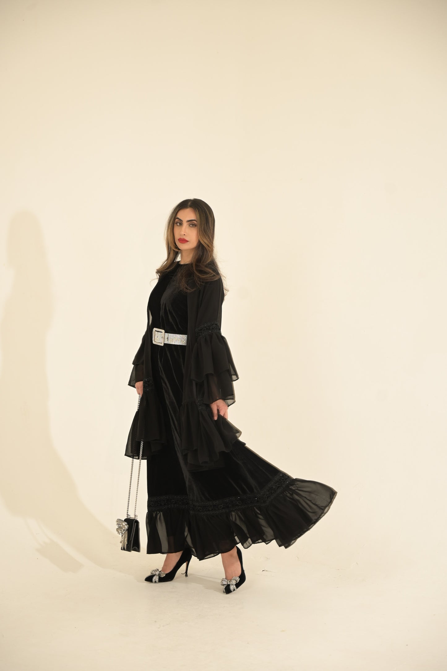 2 Pieces Black velvet and chiffon Abaya