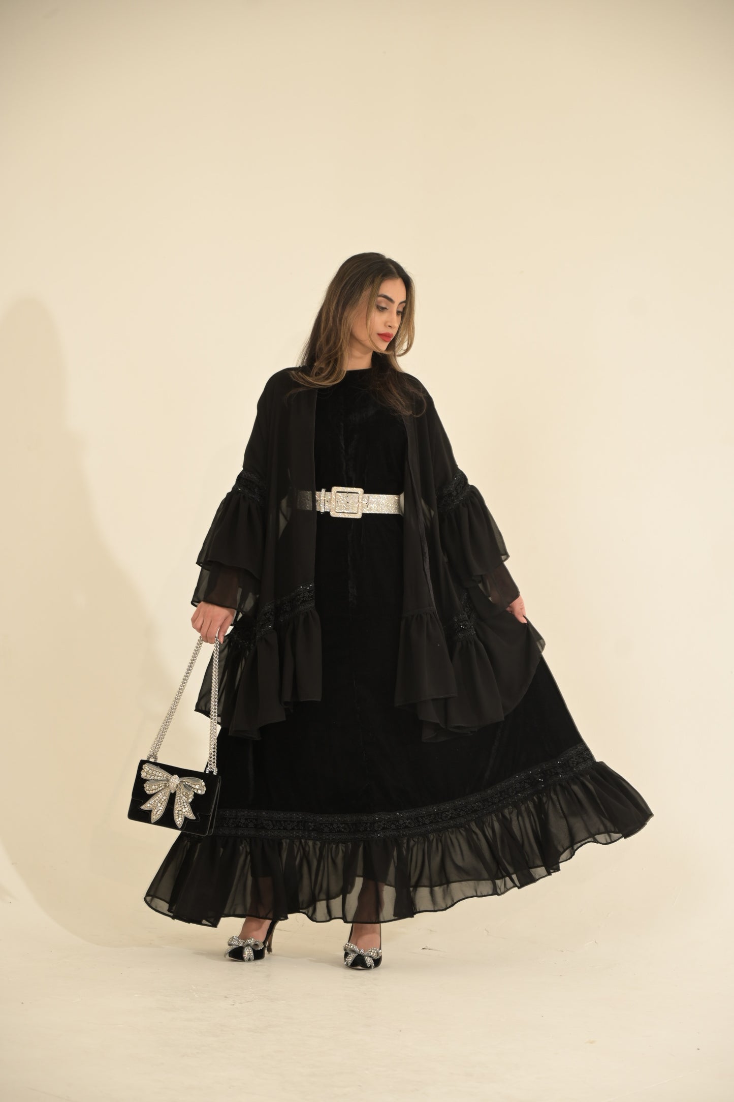2 Pieces Black velvet and chiffon Abaya