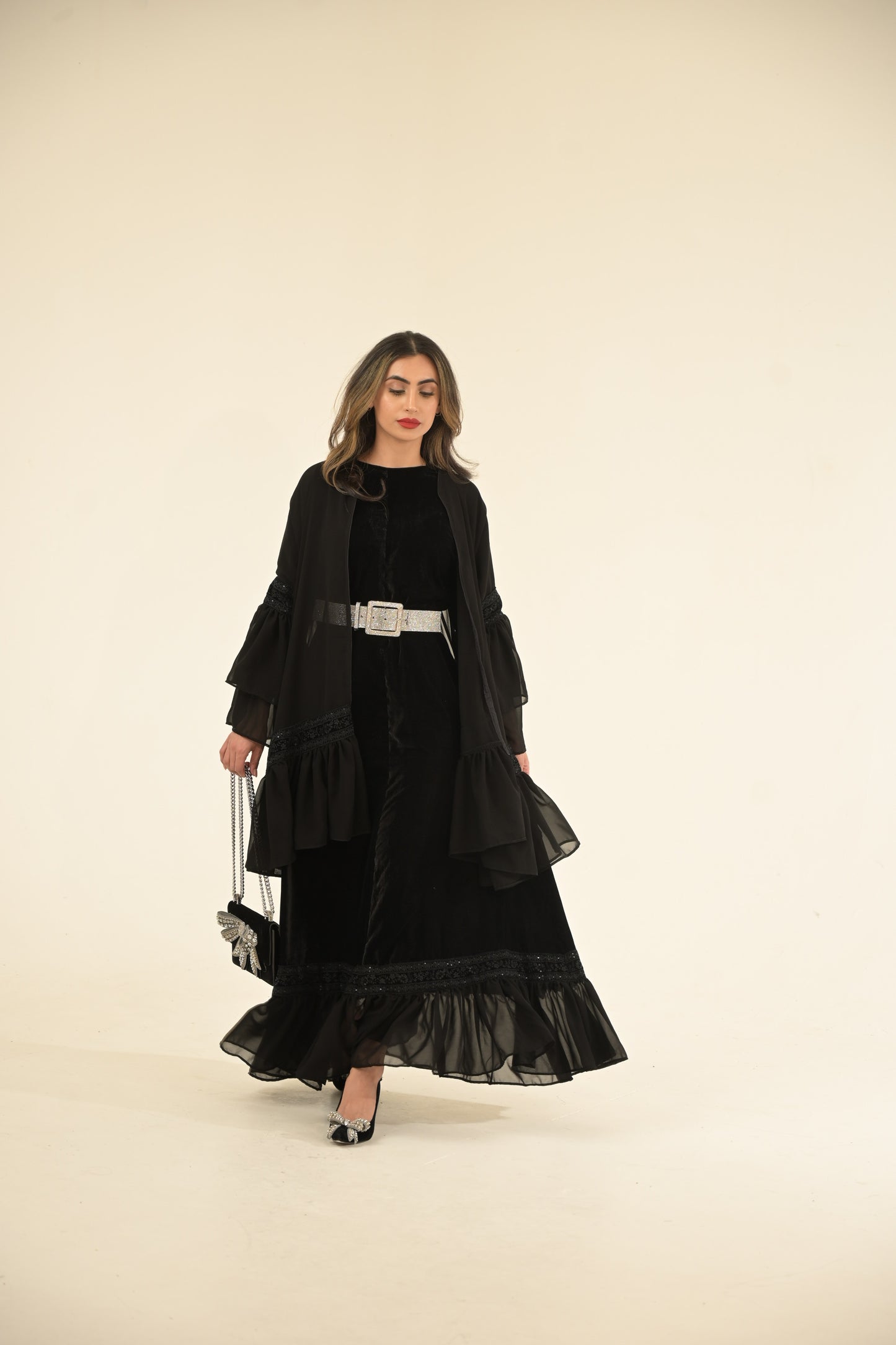 2 Pieces Black velvet and chiffon Abaya
