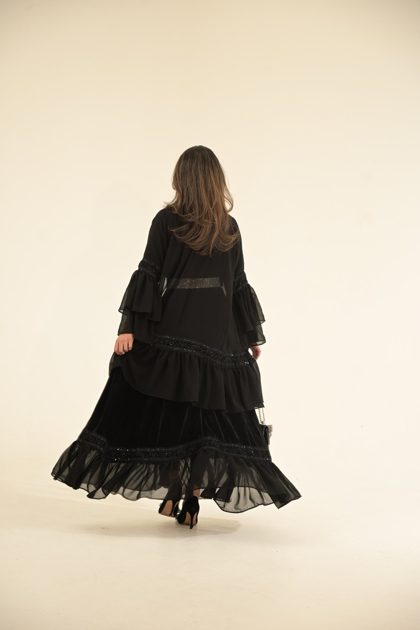 2 Pieces Black velvet and chiffon Abaya
