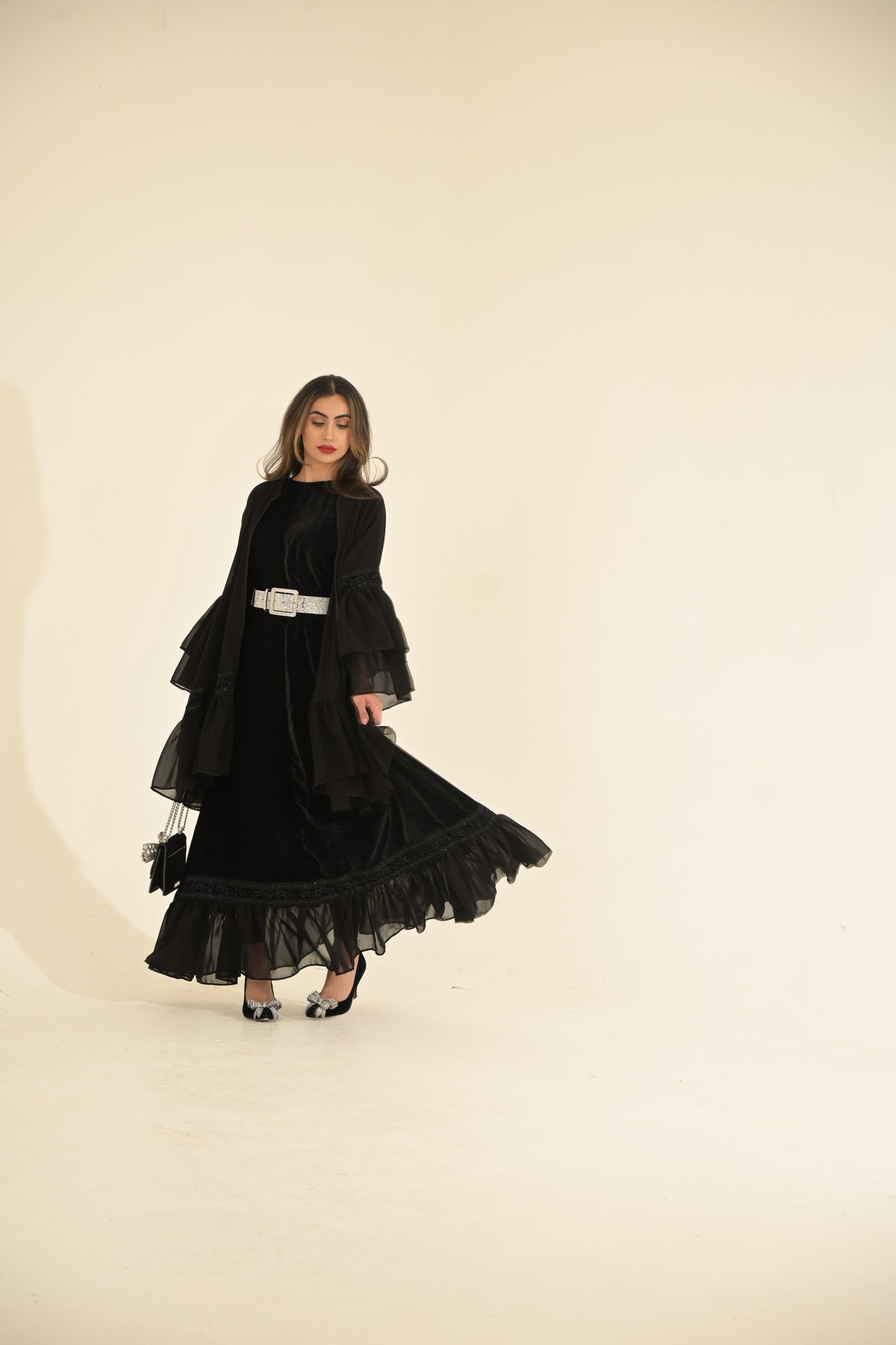 2 Pieces Black velvet and chiffon Abaya