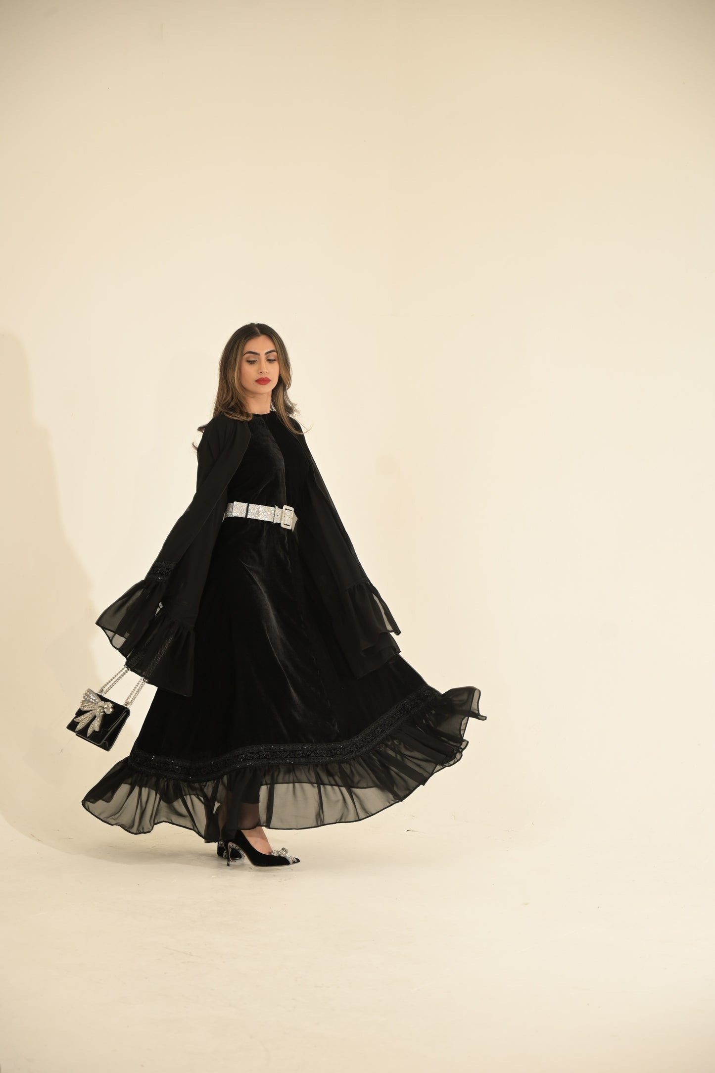 2 Pieces Black velvet and chiffon Abaya