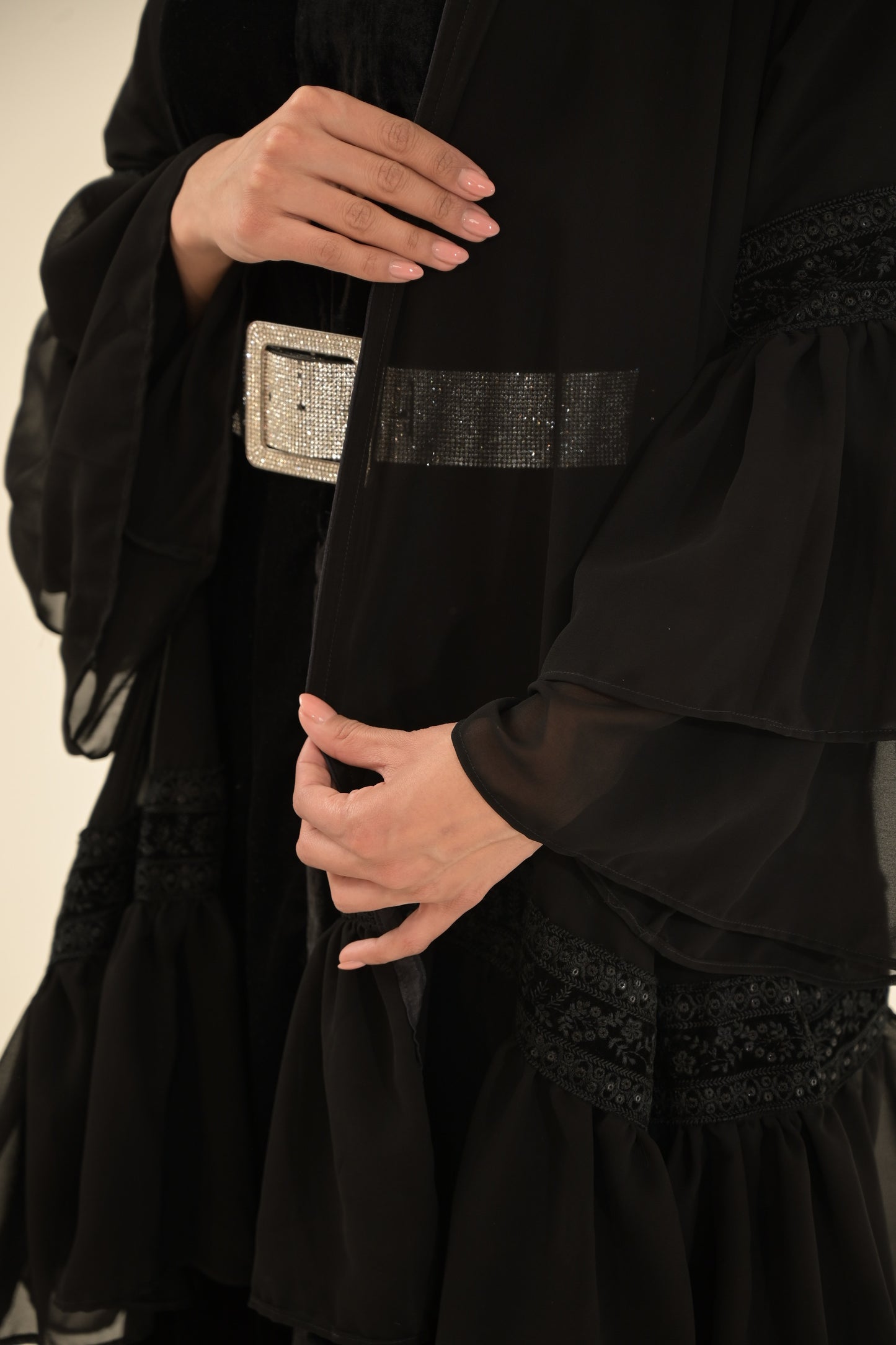 2 Pieces Black velvet and chiffon Abaya