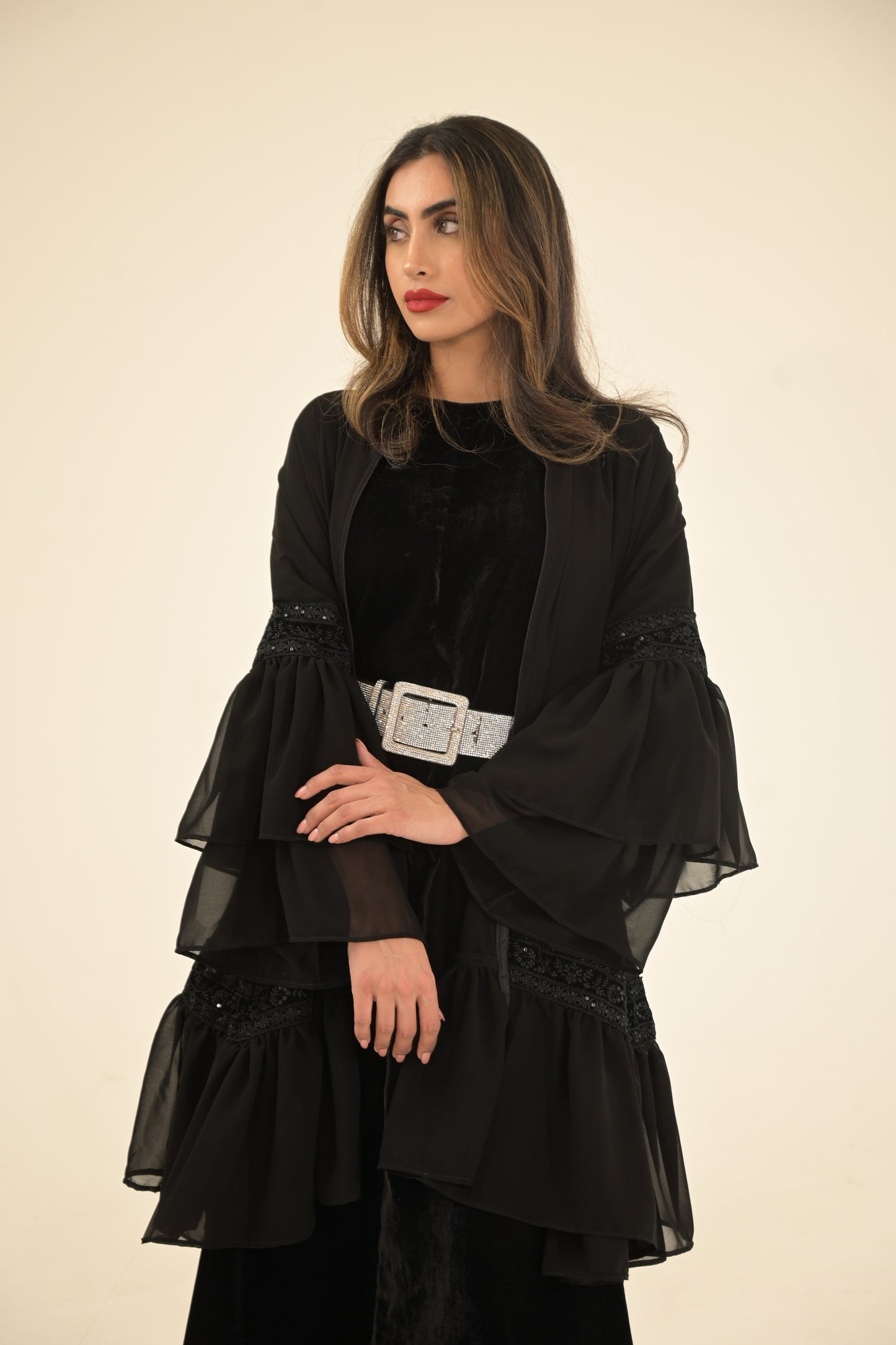 2 Pieces Black velvet and chiffon Abaya