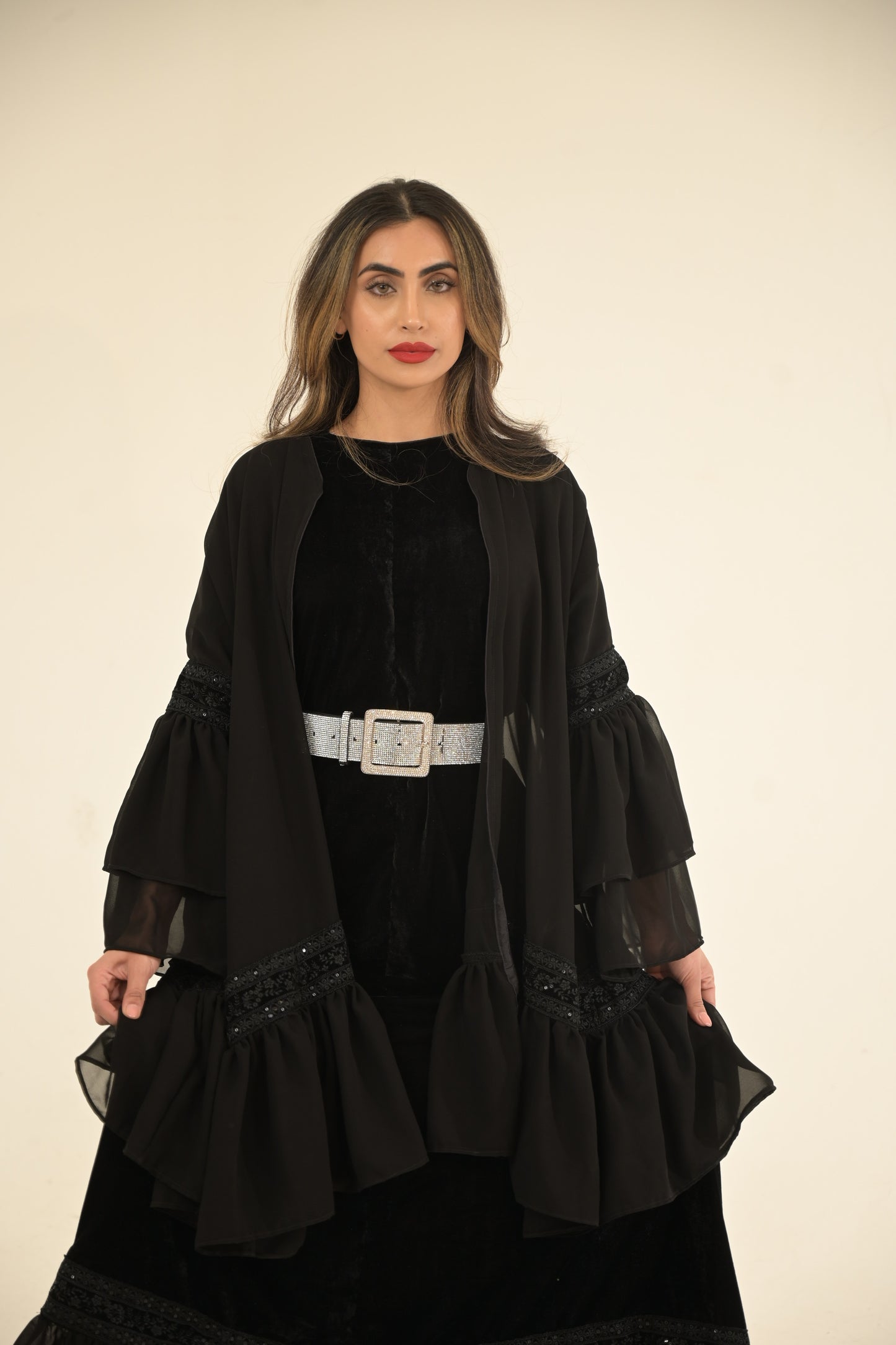 2 Pieces Black velvet and chiffon Abaya