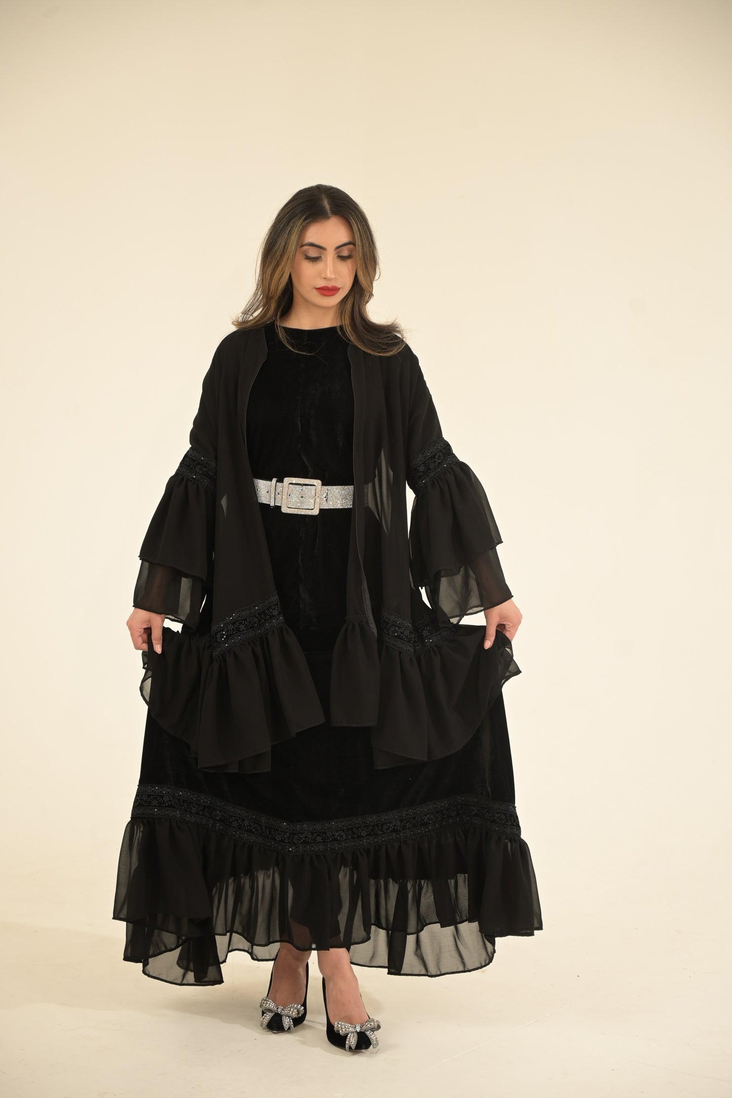 2 Pieces Black velvet and chiffon Abaya