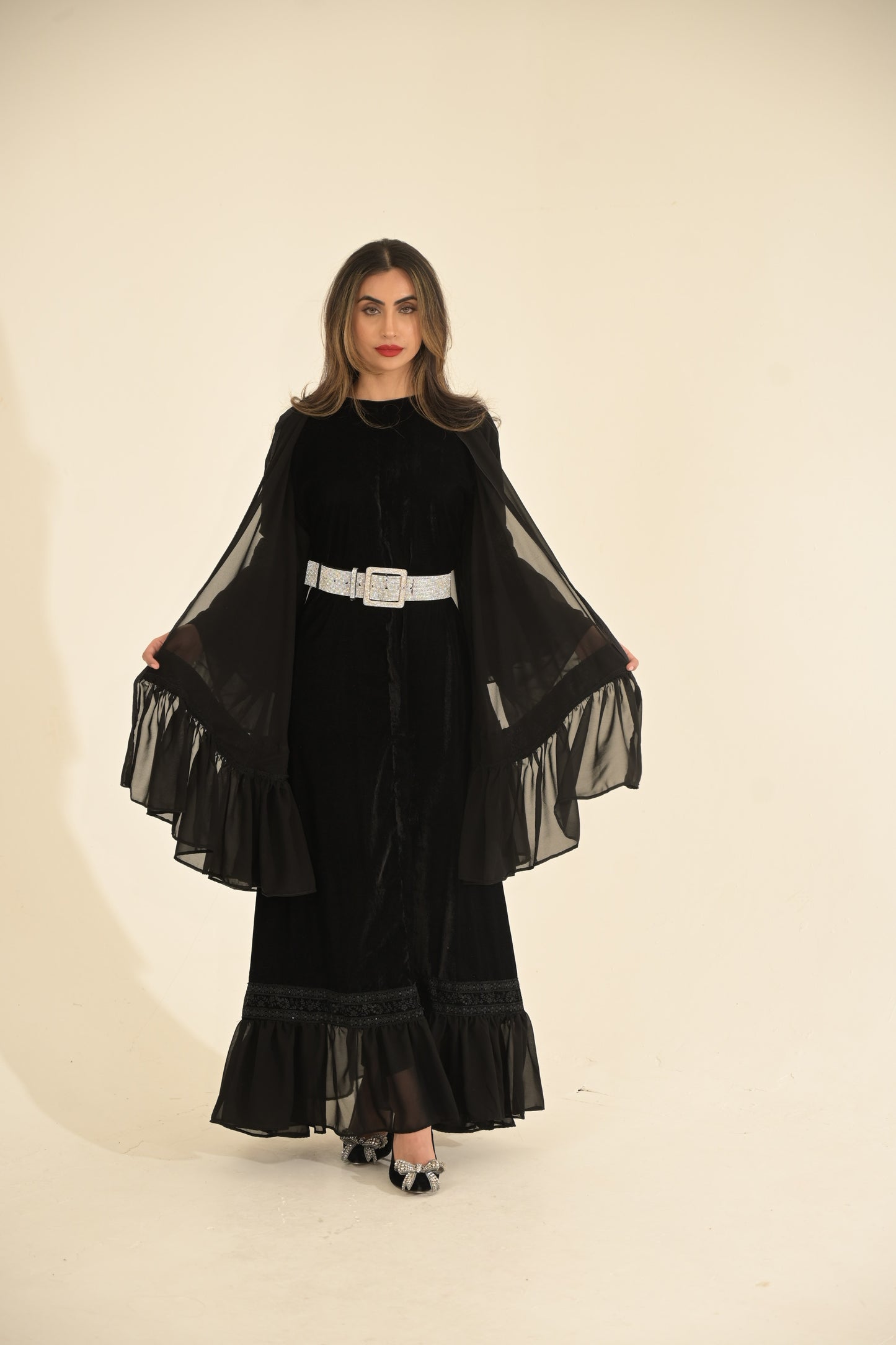 2 Pieces Black velvet and chiffon Abaya