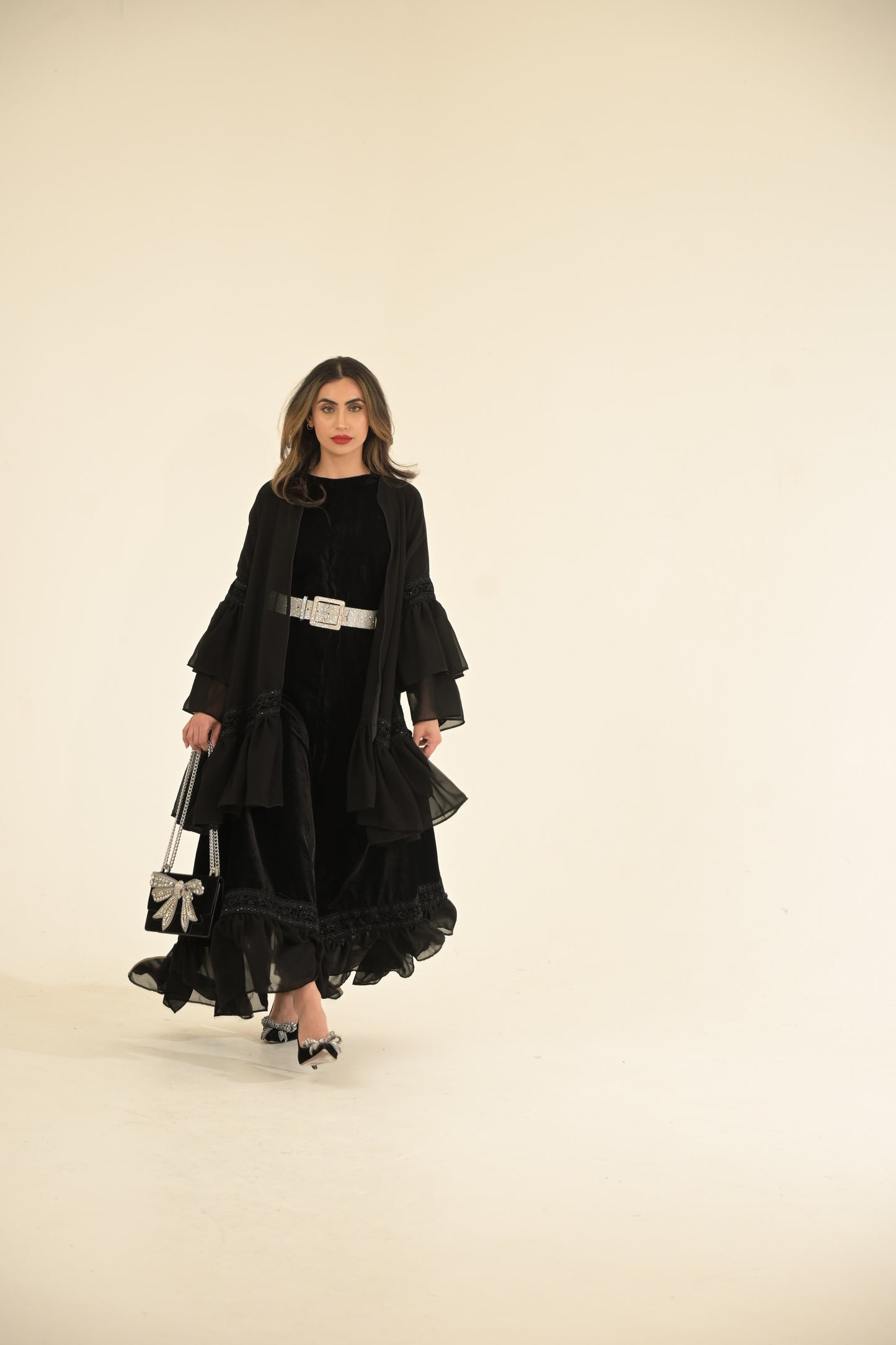 2 Pieces Black velvet and chiffon Abaya
