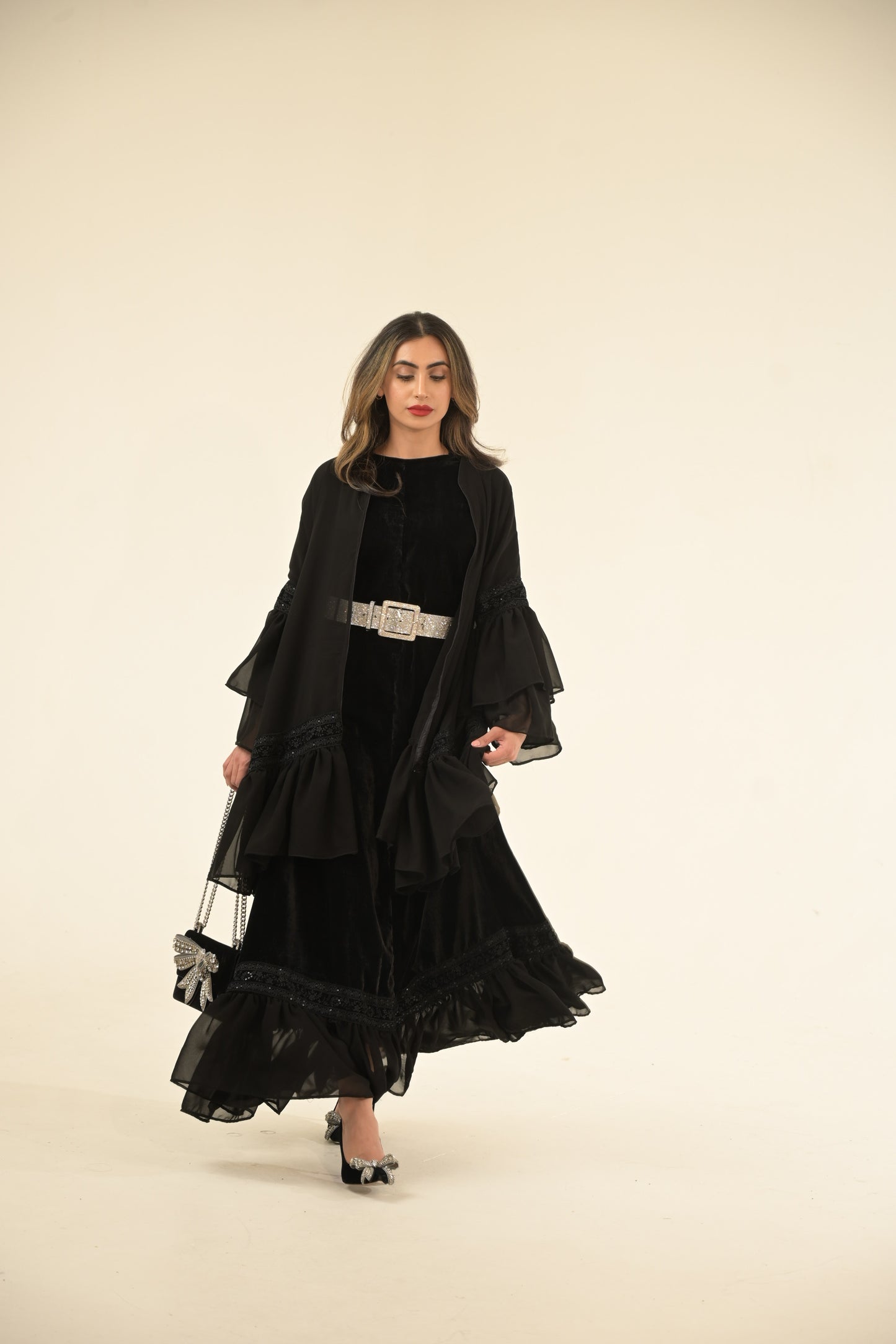 2 Pieces Black velvet and chiffon Abaya