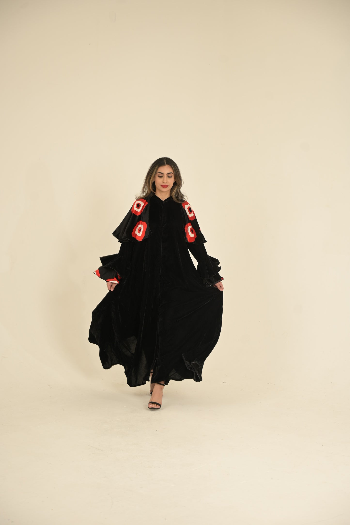 Black velvet Abaya with Yemeni traditional fabric