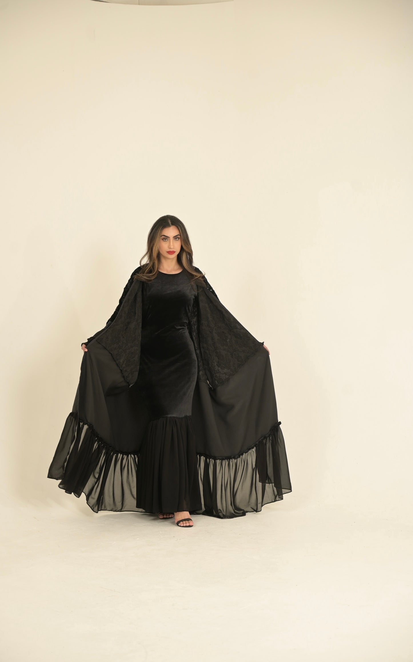 ( Princess Mary ) 2 pieces Abaya inside dress velvet and chiffon + main abaya Black velvet embroidered fabric, stain and chiffon
