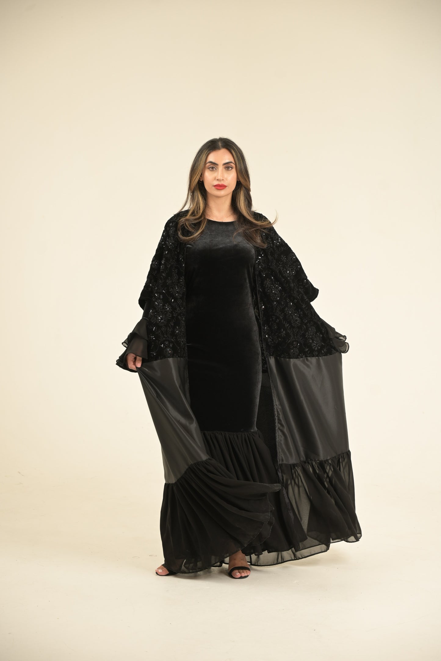 ( Princess Mary ) 2 pieces Abaya inside dress velvet and chiffon + main abaya Black velvet embroidered fabric, stain and chiffon
