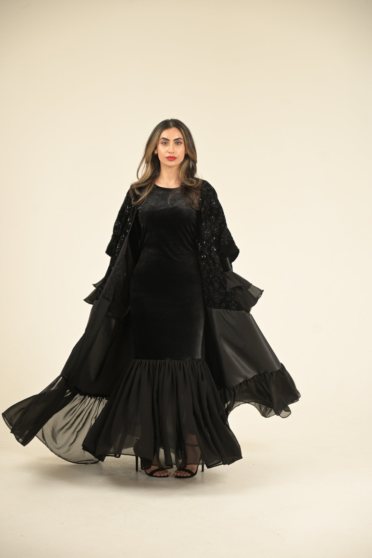 ( Princess Mary ) 2 pieces Abaya inside dress velvet and chiffon + main abaya Black velvet embroidered fabric, stain and chiffon