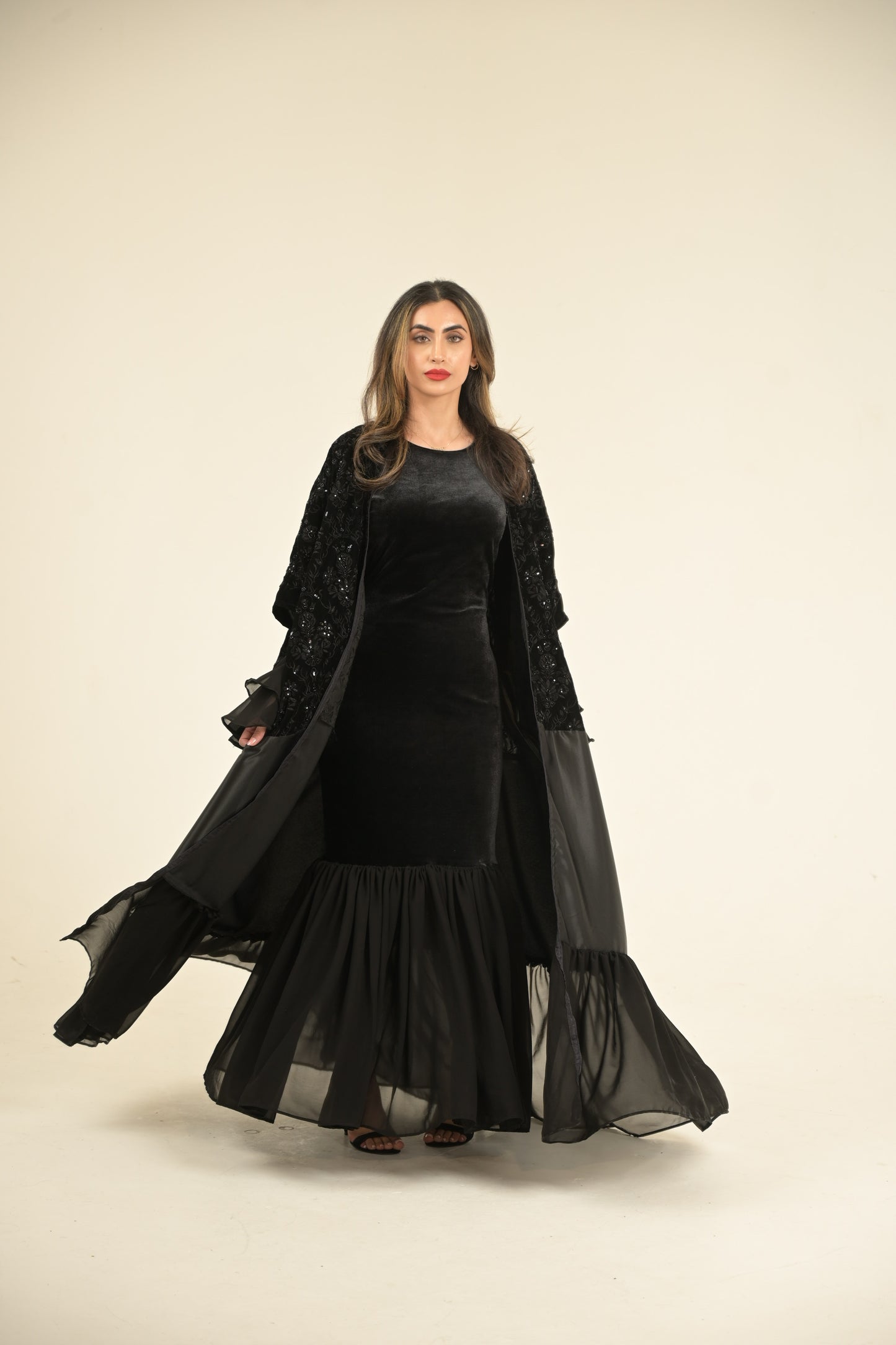 ( Princess Mary ) 2 pieces Abaya inside dress velvet and chiffon + main abaya Black velvet embroidered fabric, stain and chiffon