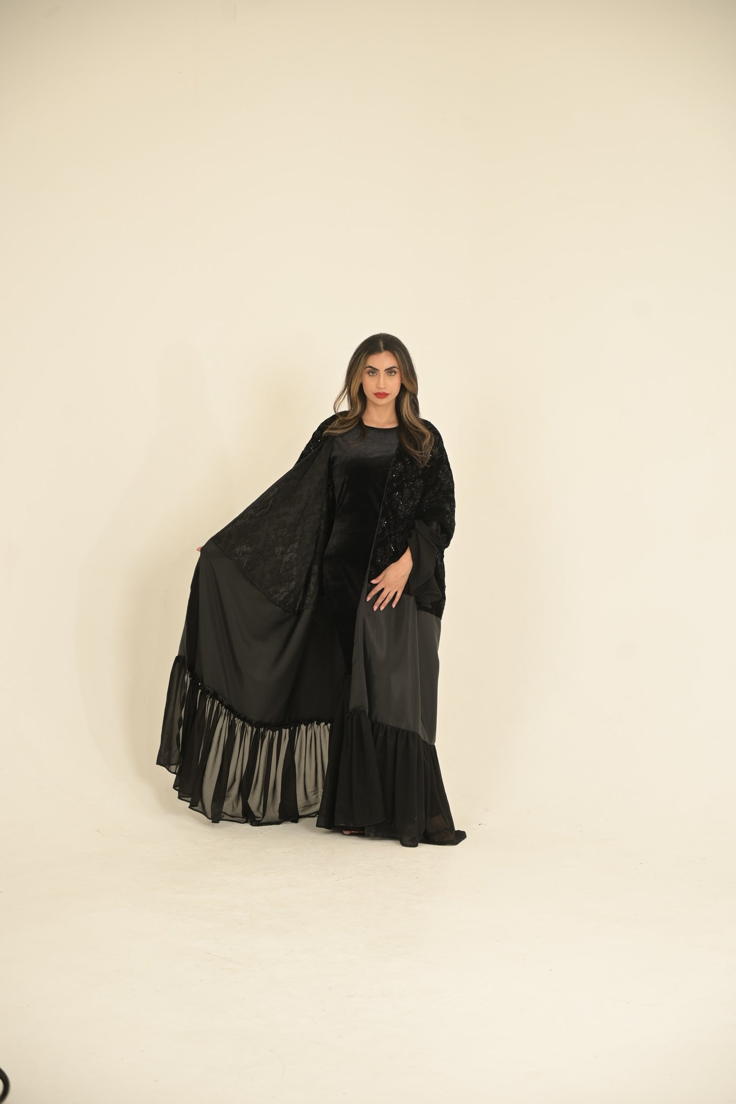 ( Princess Mary ) 2 pieces Abaya inside dress velvet and chiffon + main abaya Black velvet embroidered fabric, stain and chiffon