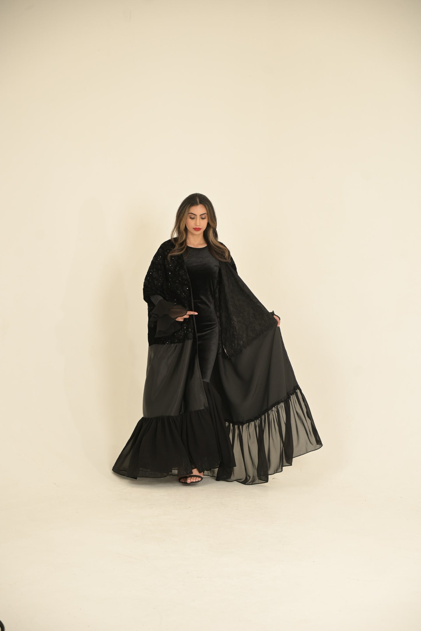 ( Princess Mary ) 2 pieces Abaya inside dress velvet and chiffon + main abaya Black velvet embroidered fabric, stain and chiffon