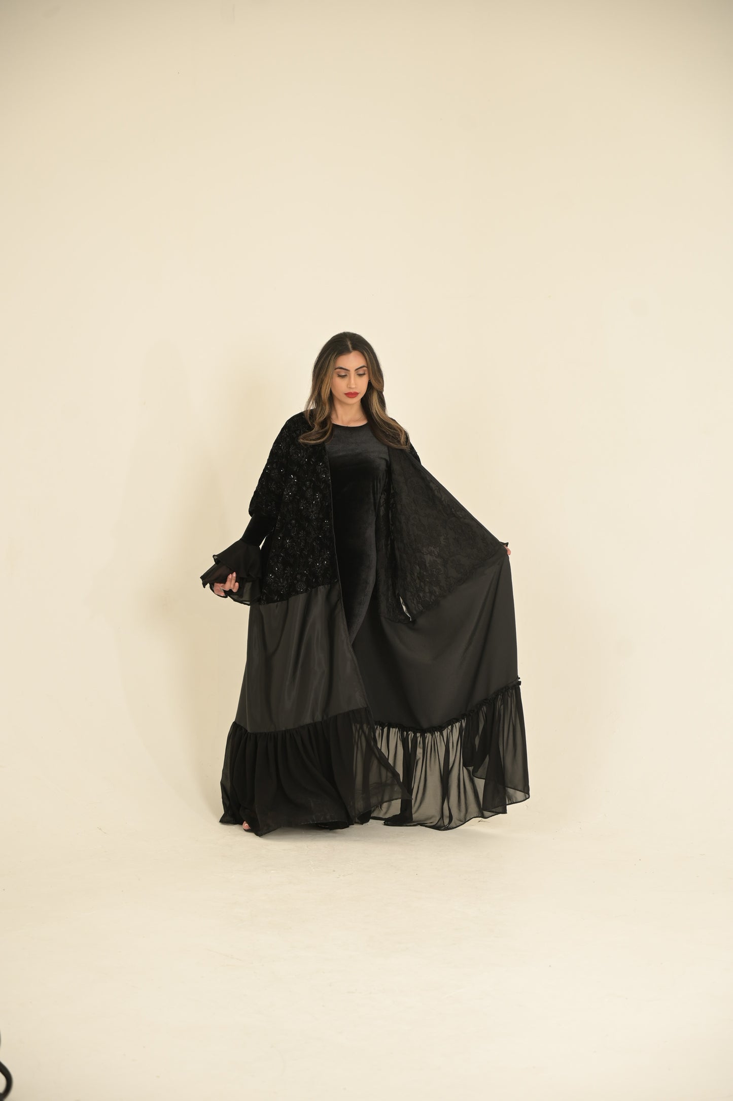 ( Princess Mary ) 2 pieces Abaya inside dress velvet and chiffon + main abaya Black velvet embroidered fabric, stain and chiffon