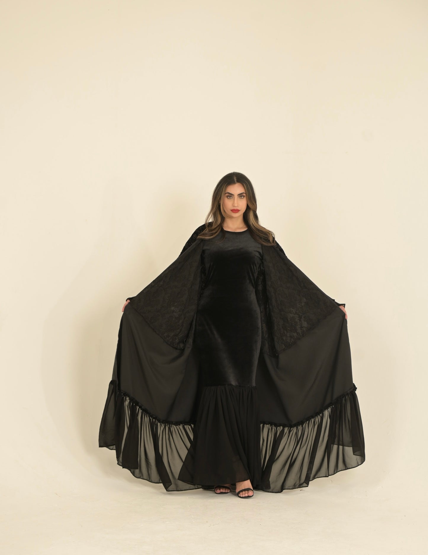 ( Princess Mary ) 2 pieces Abaya inside dress velvet and chiffon + main abaya Black velvet embroidered fabric, stain and chiffon