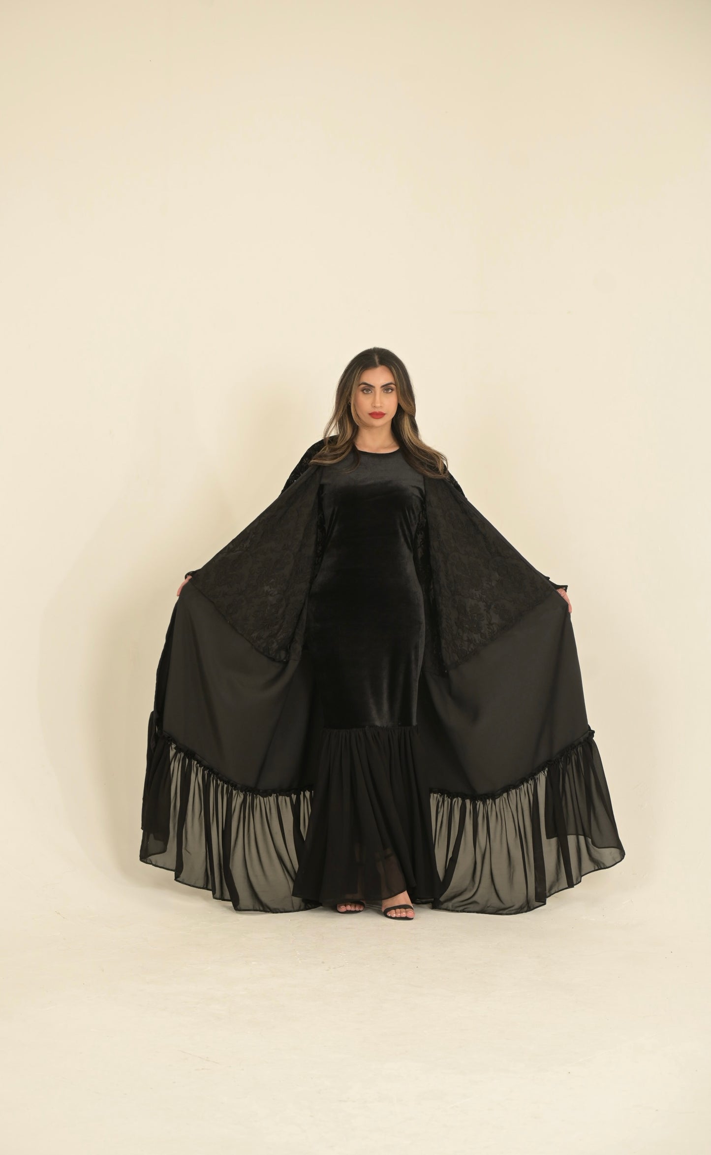 ( Princess Mary ) 2 pieces Abaya inside dress velvet and chiffon + main abaya Black velvet embroidered fabric, stain and chiffon