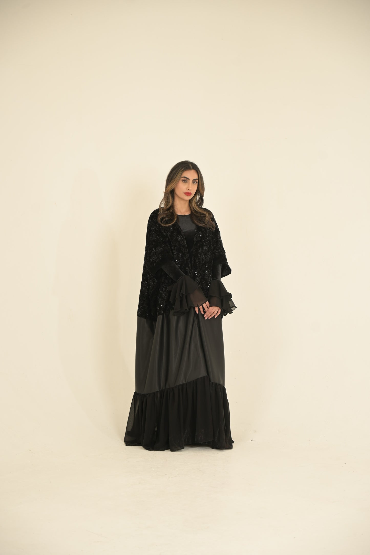 ( Princess Mary ) 2 pieces Abaya inside dress velvet and chiffon + main abaya Black velvet embroidered fabric, stain and chiffon