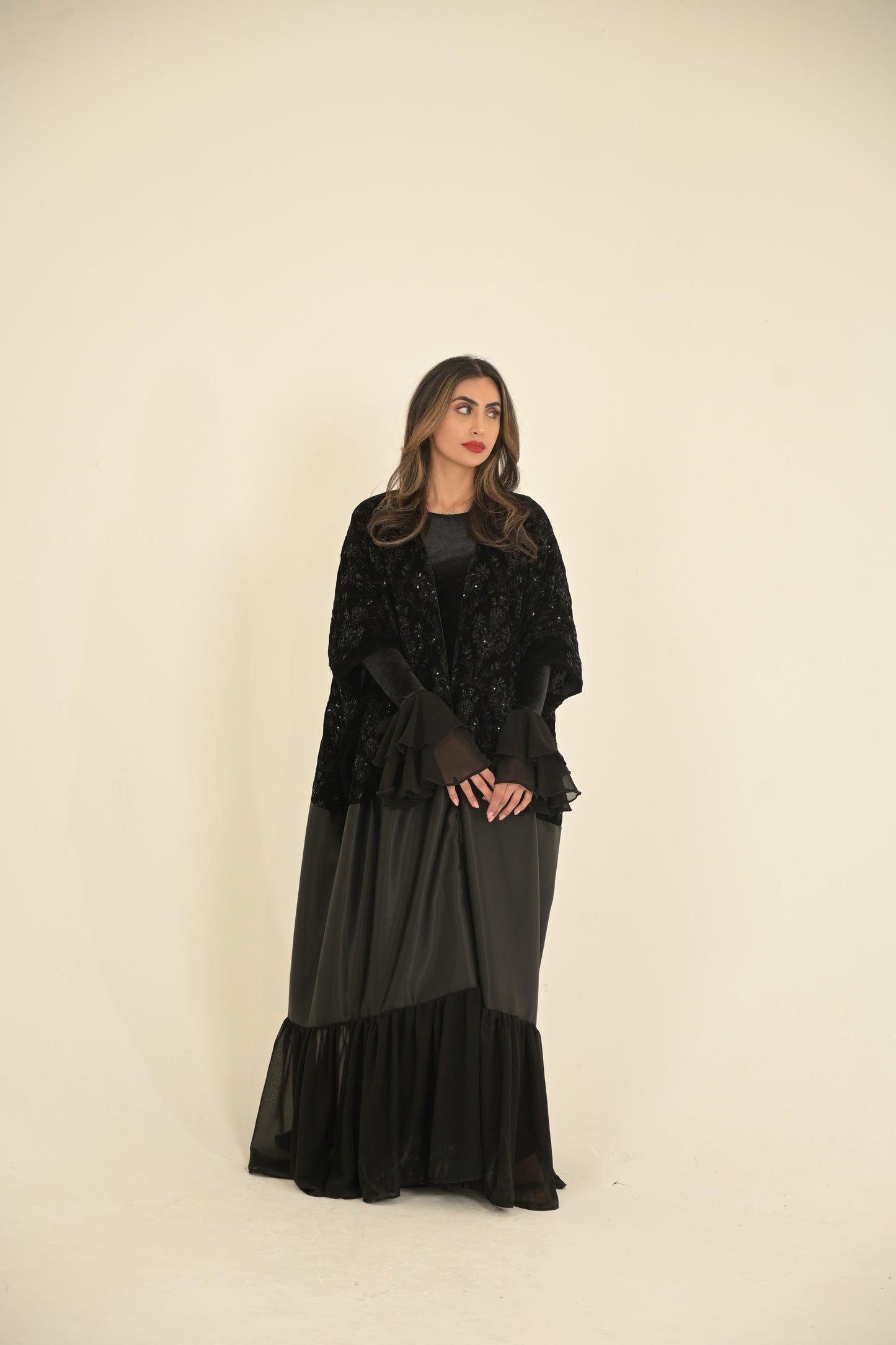 ( Princess Mary ) 2 pieces Abaya inside dress velvet and chiffon + main abaya Black velvet embroidered fabric, stain and chiffon