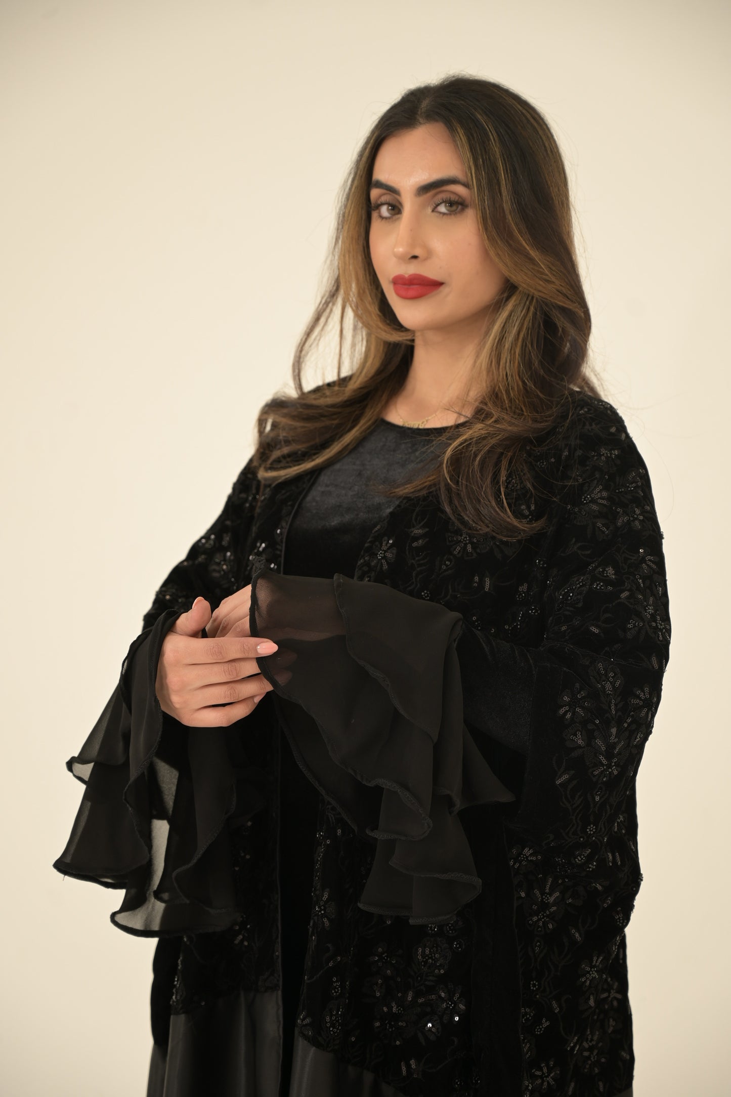( Princess Mary ) 2 pieces Abaya inside dress velvet and chiffon + main abaya Black velvet embroidered fabric, stain and chiffon