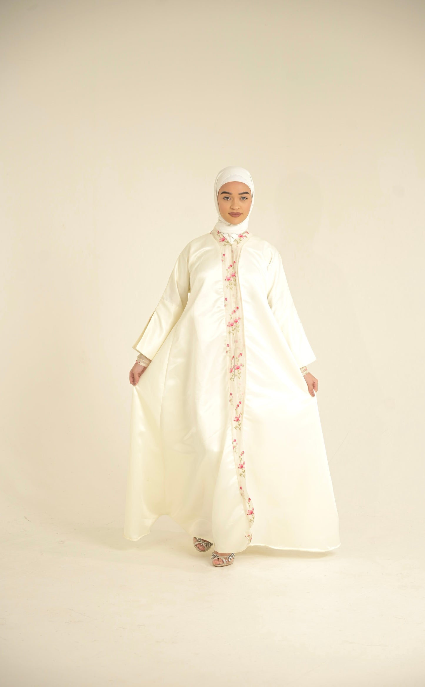 white satin abaya with floral organza