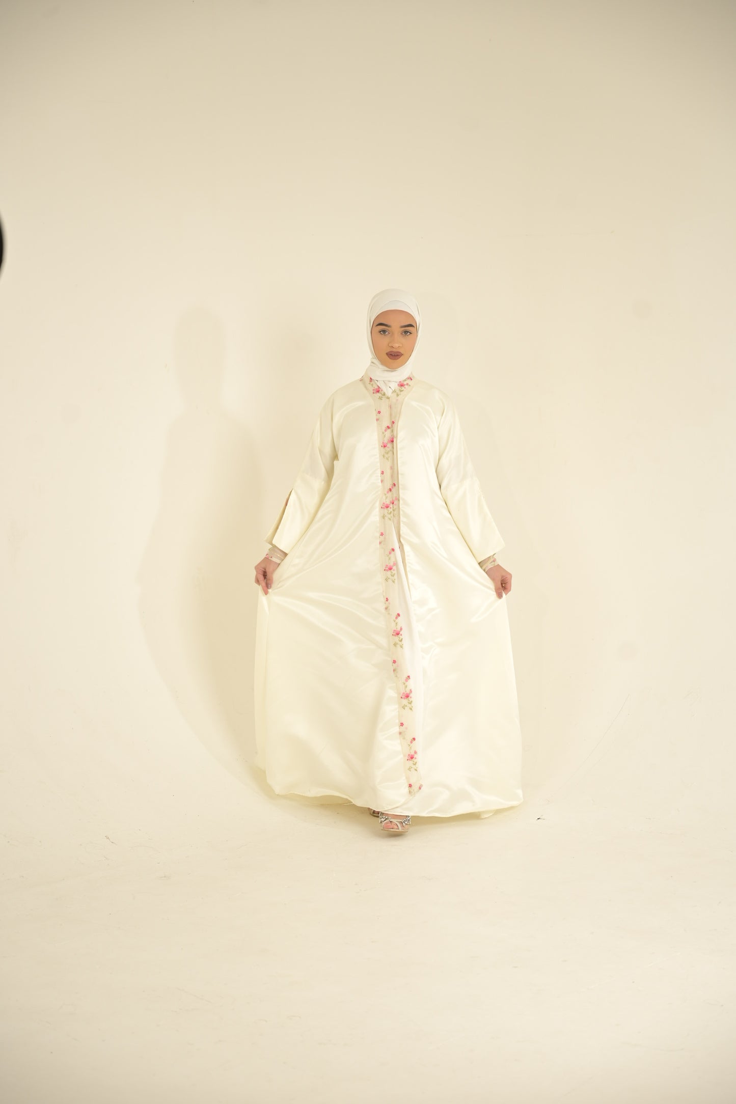 white satin abaya with floral organza