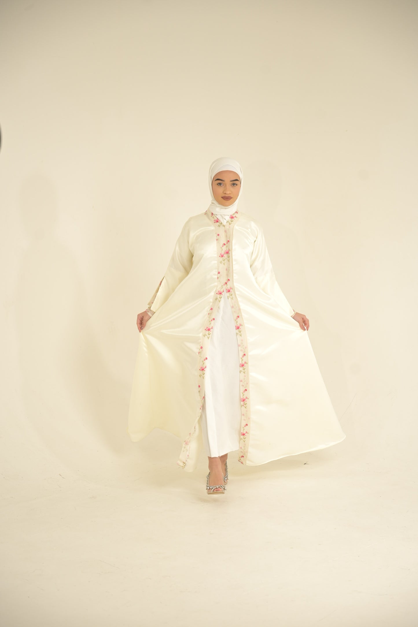 white satin abaya with floral organza