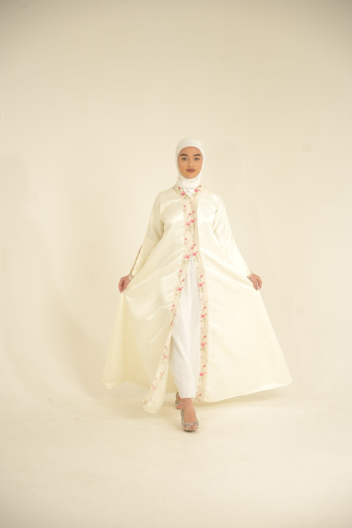 white satin abaya with floral organza
