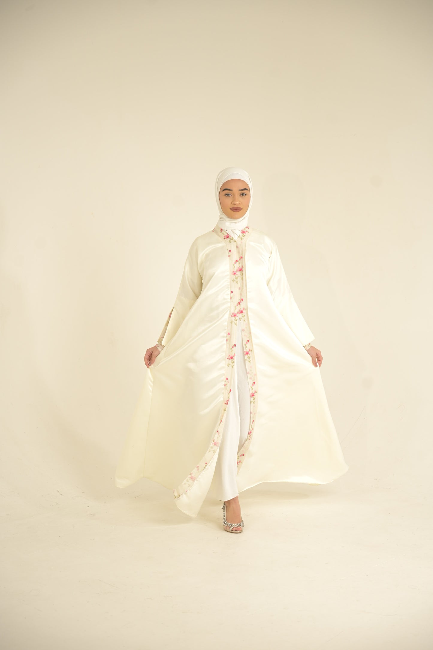white satin abaya with floral organza