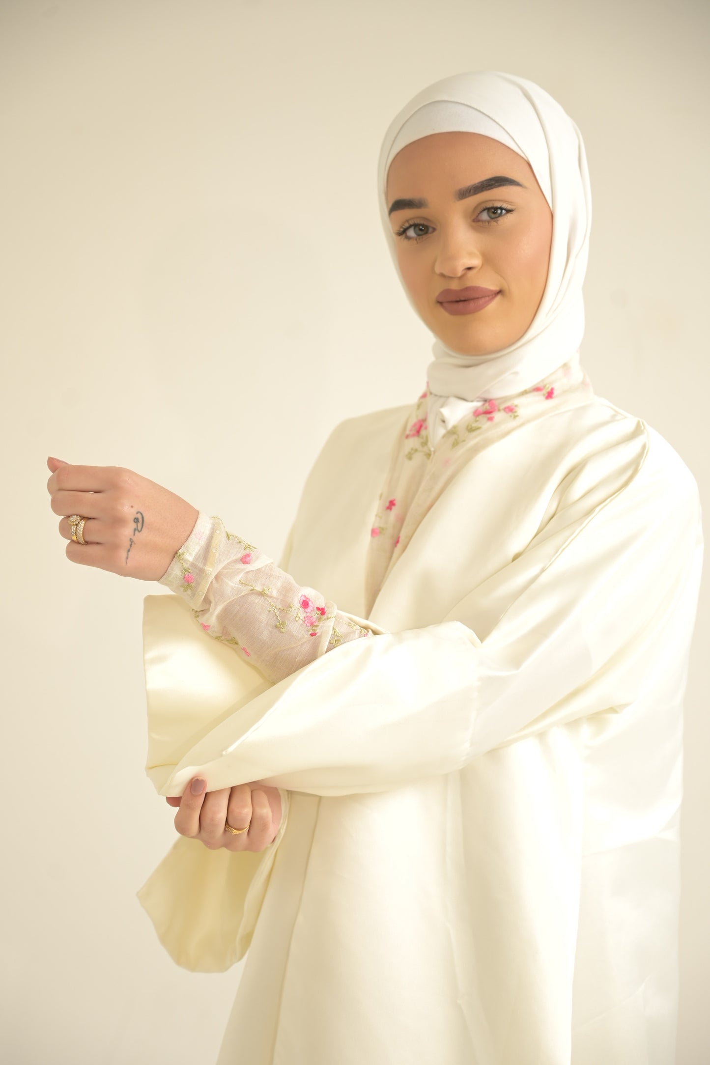 white satin abaya with floral organza