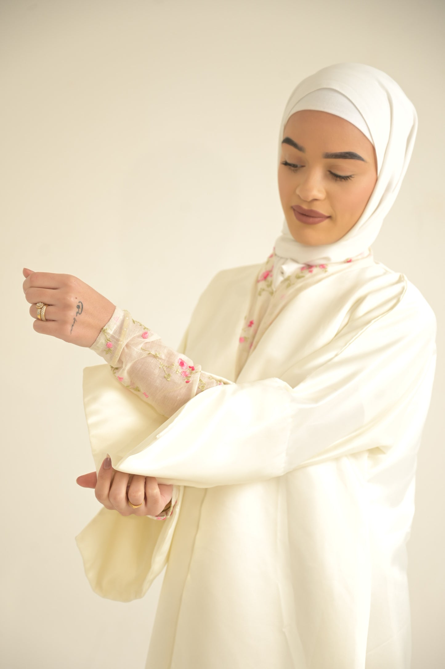 white satin abaya with floral organza