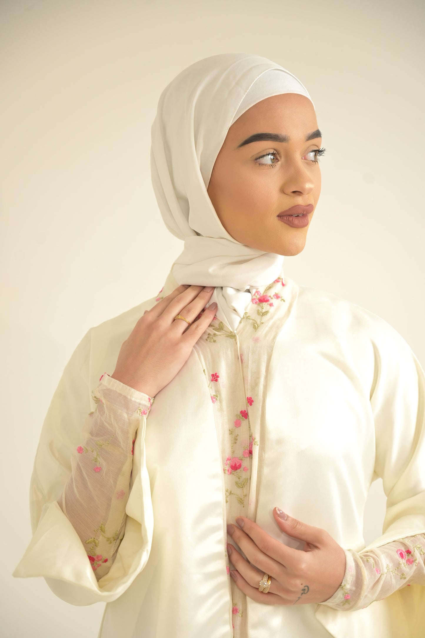 white satin abaya with floral organza