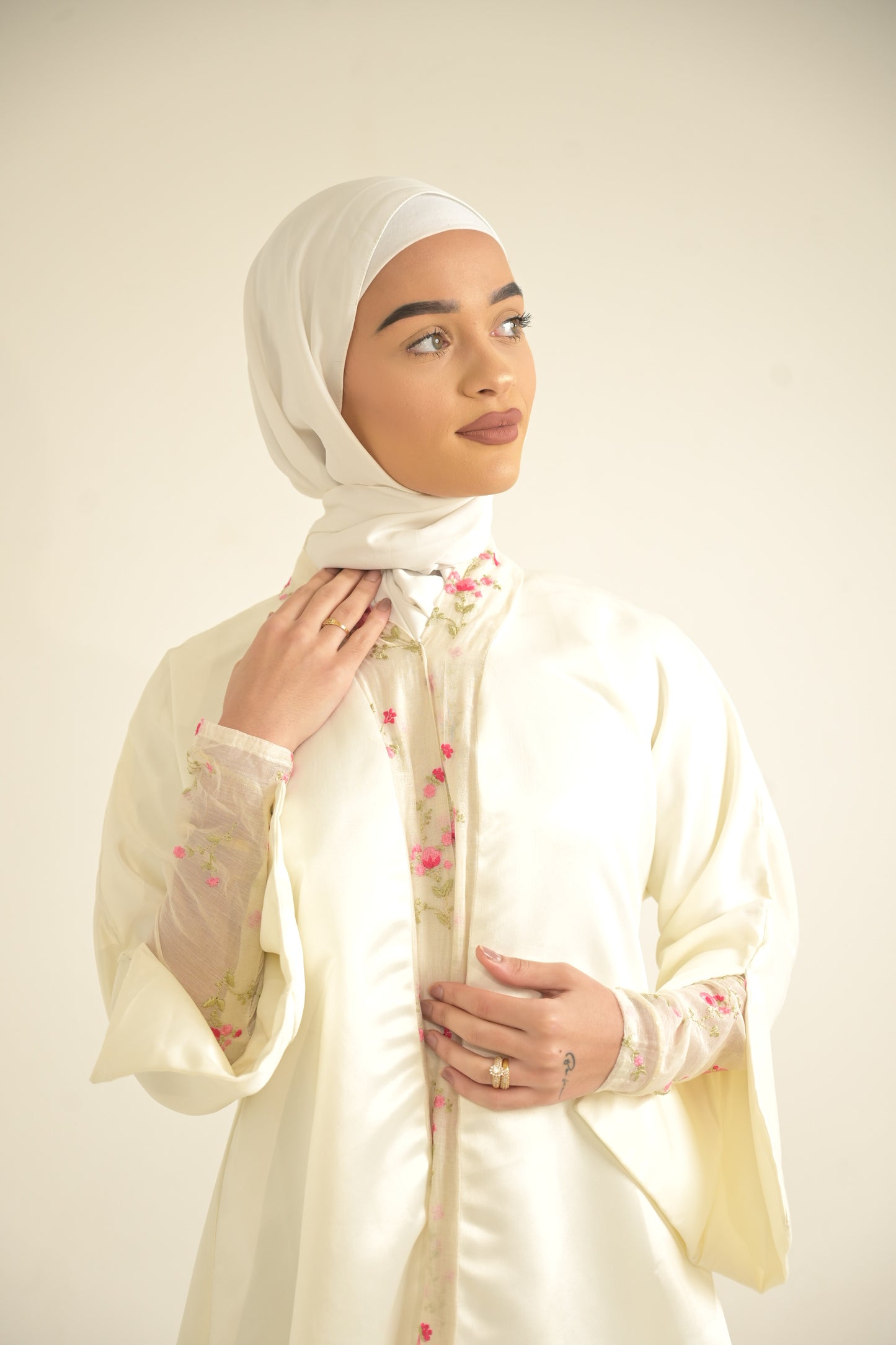 white satin abaya with floral organza