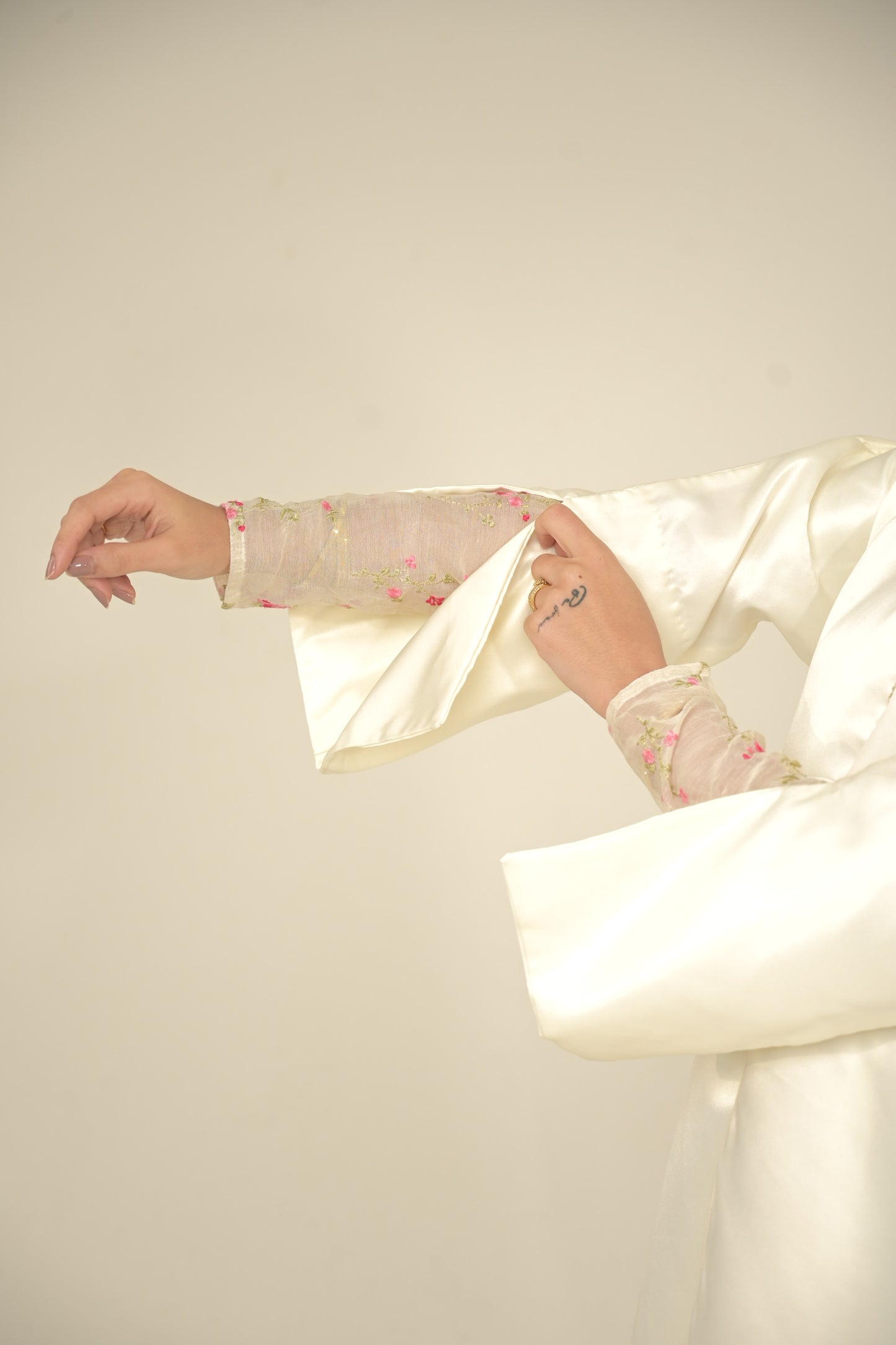 white satin abaya with floral organza