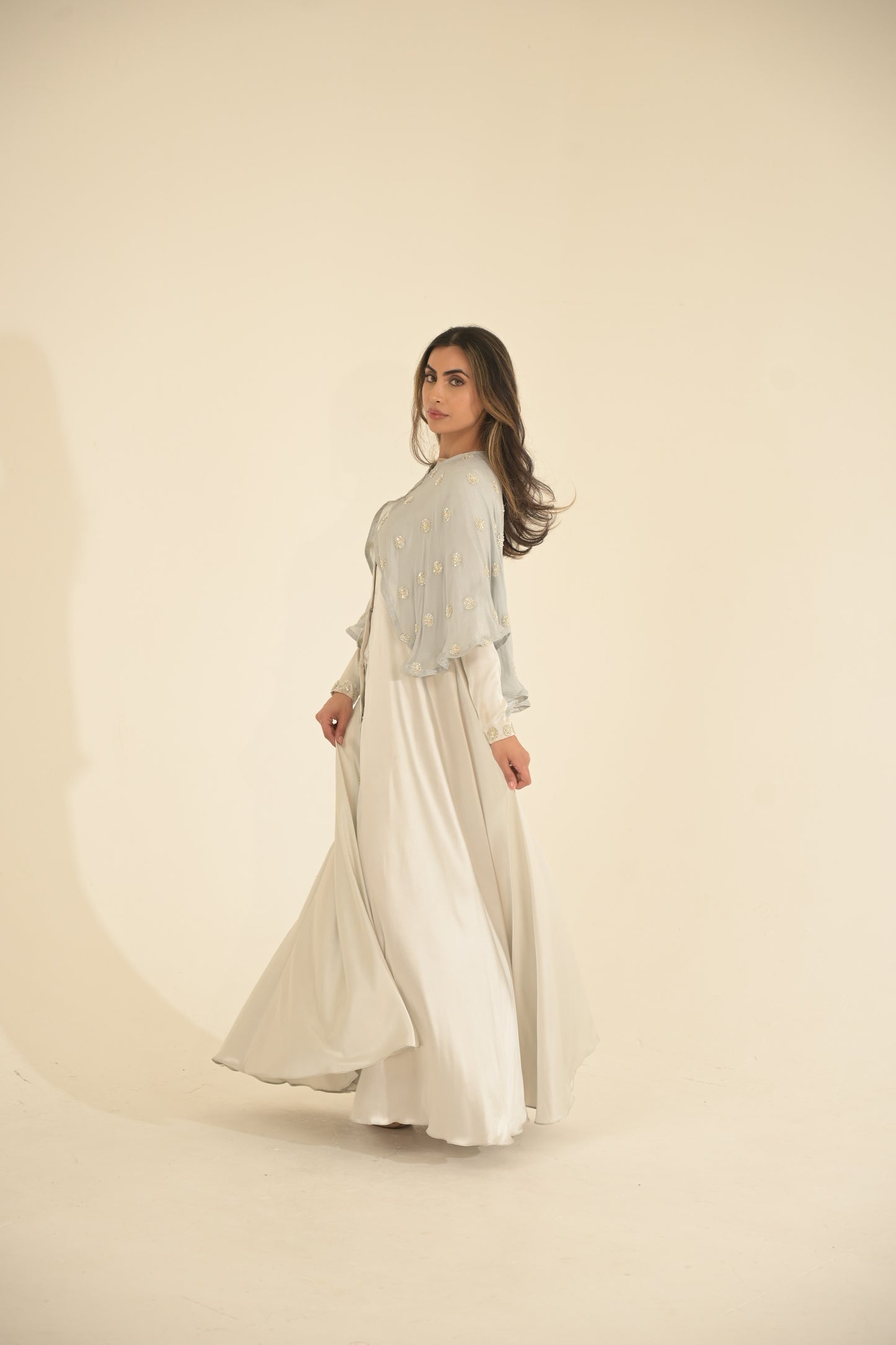 Silk and embroidered chiffon cape abaya