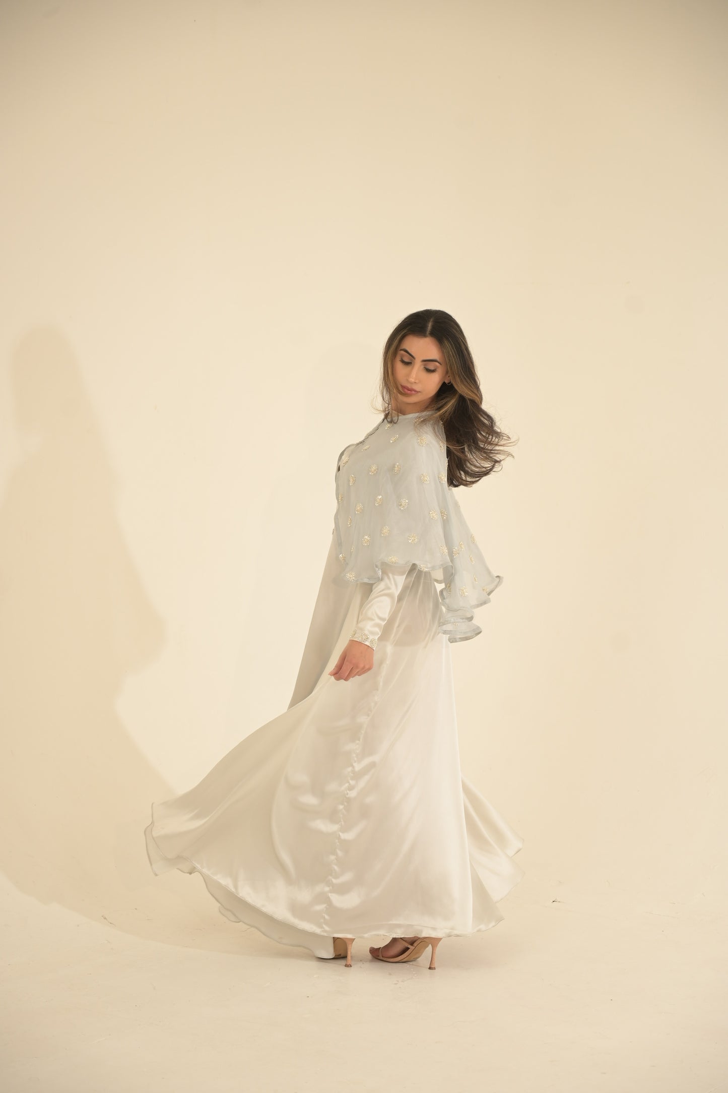 Silk and embroidered chiffon cape abaya