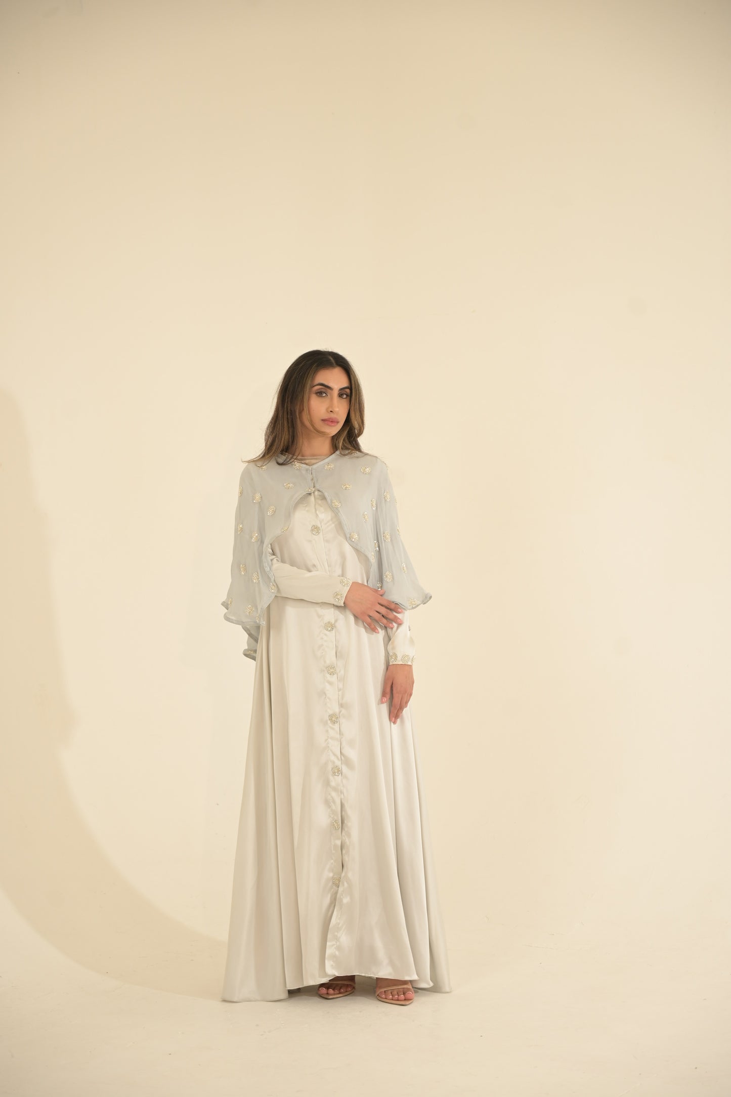 Silk and embroidered chiffon cape abaya