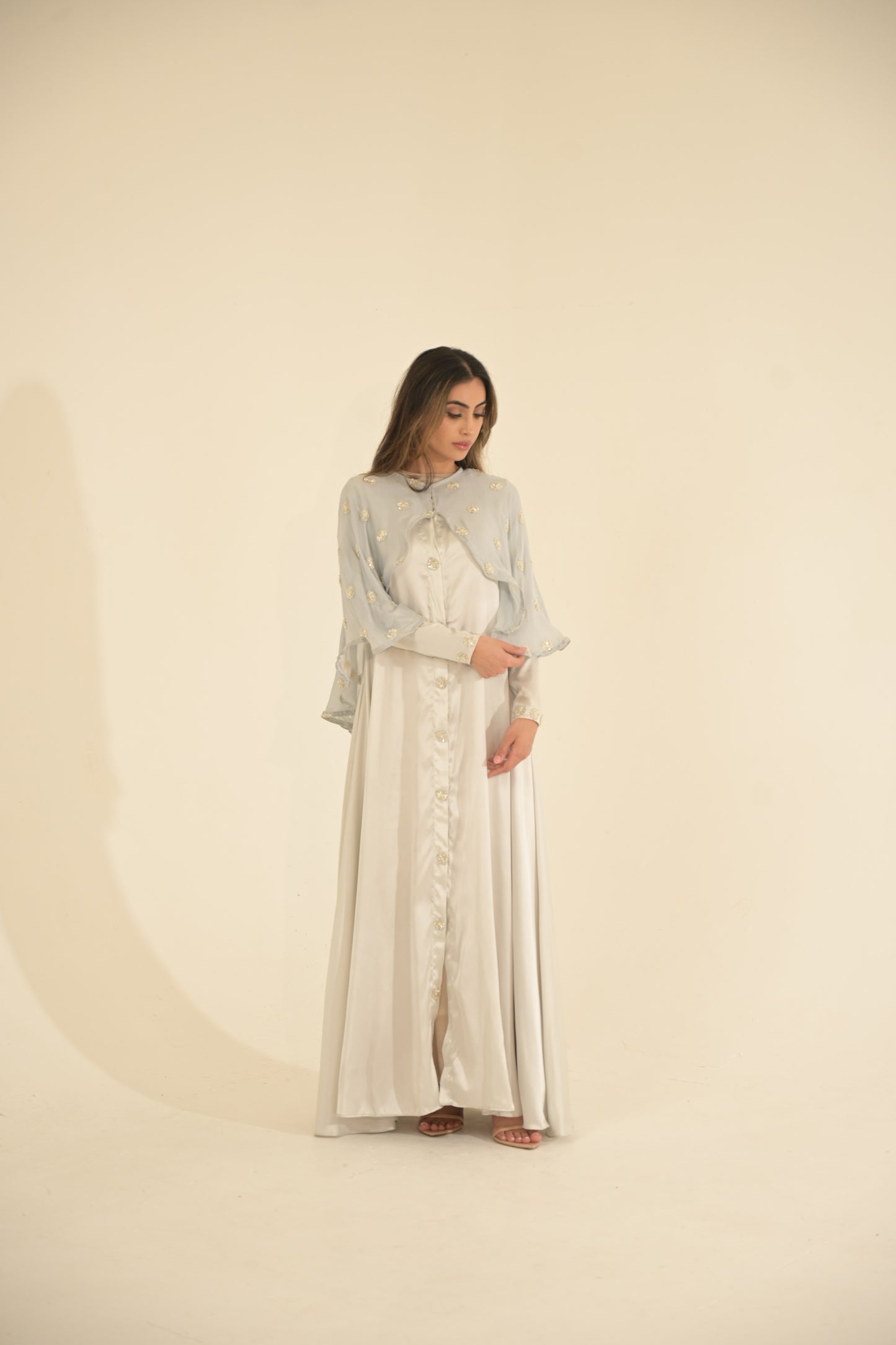 Silk and embroidered chiffon cape abaya