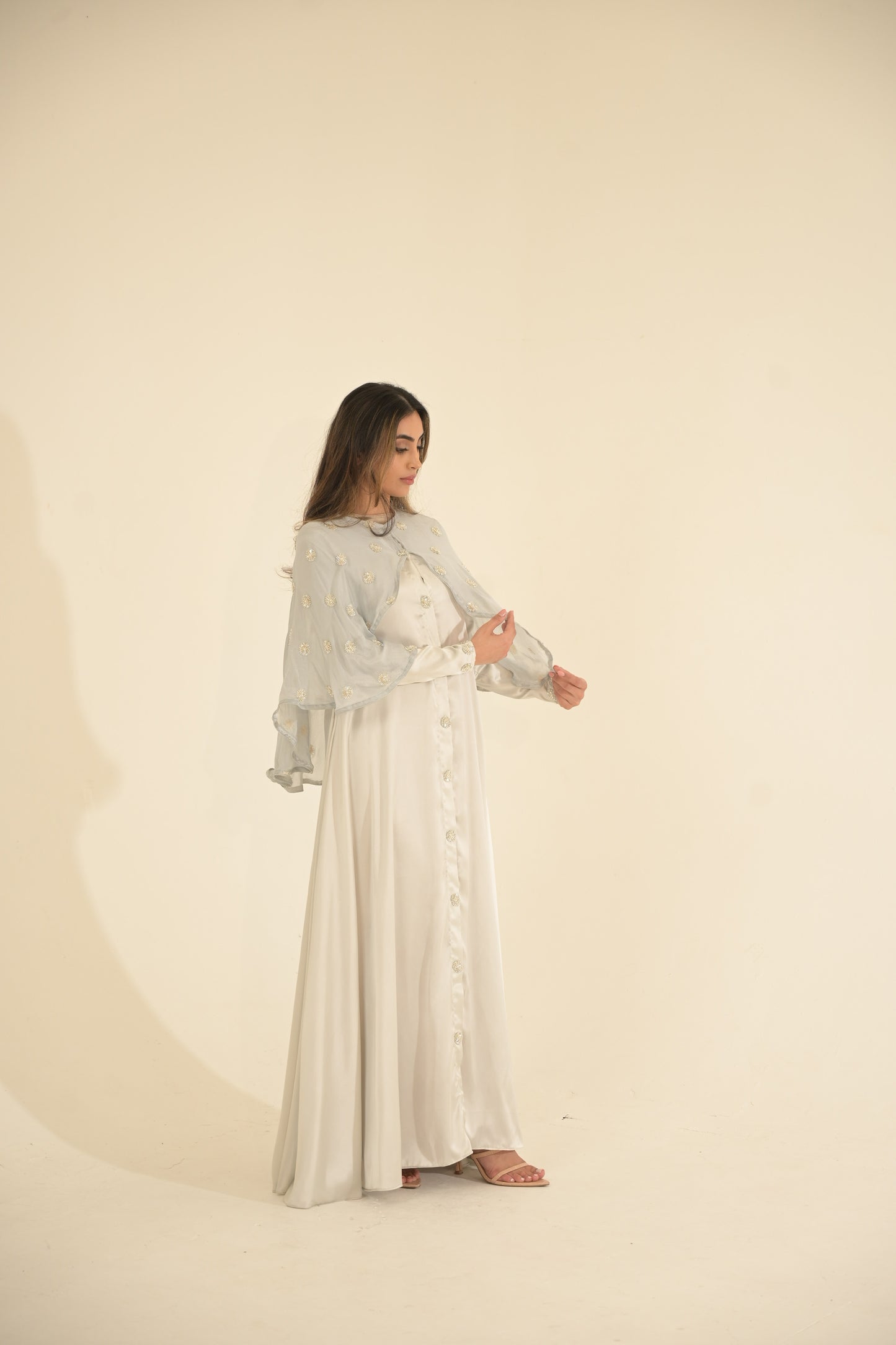 Silk and embroidered chiffon cape abaya