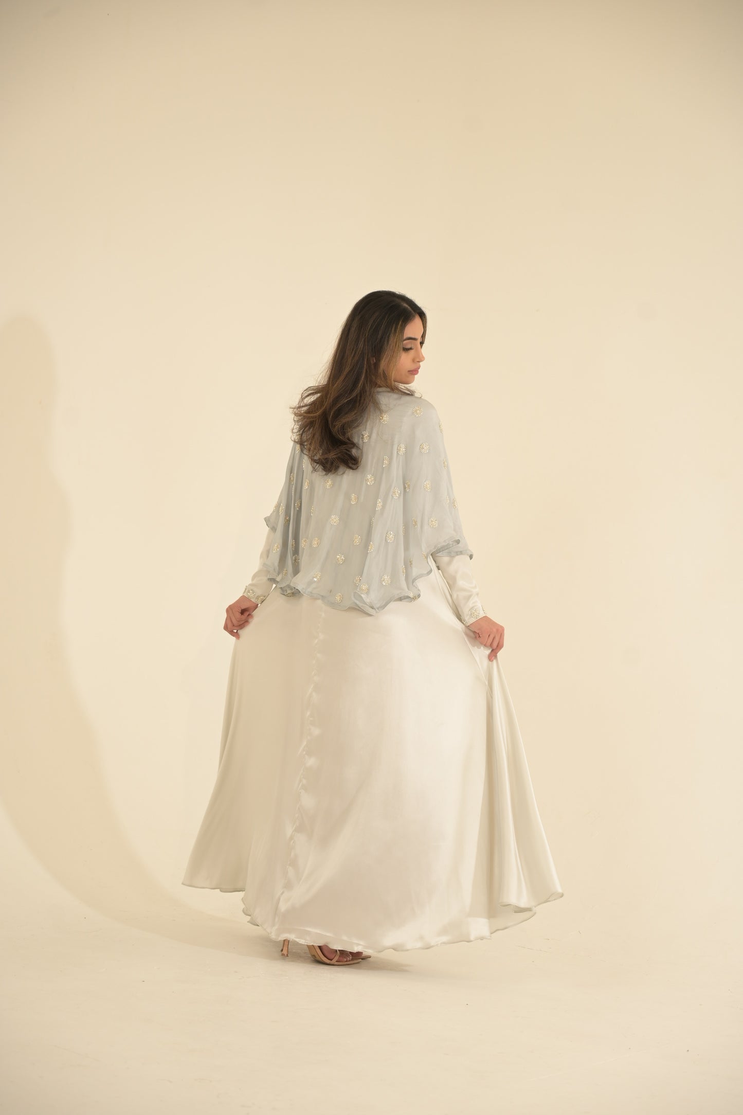 Silk and embroidered chiffon cape abaya