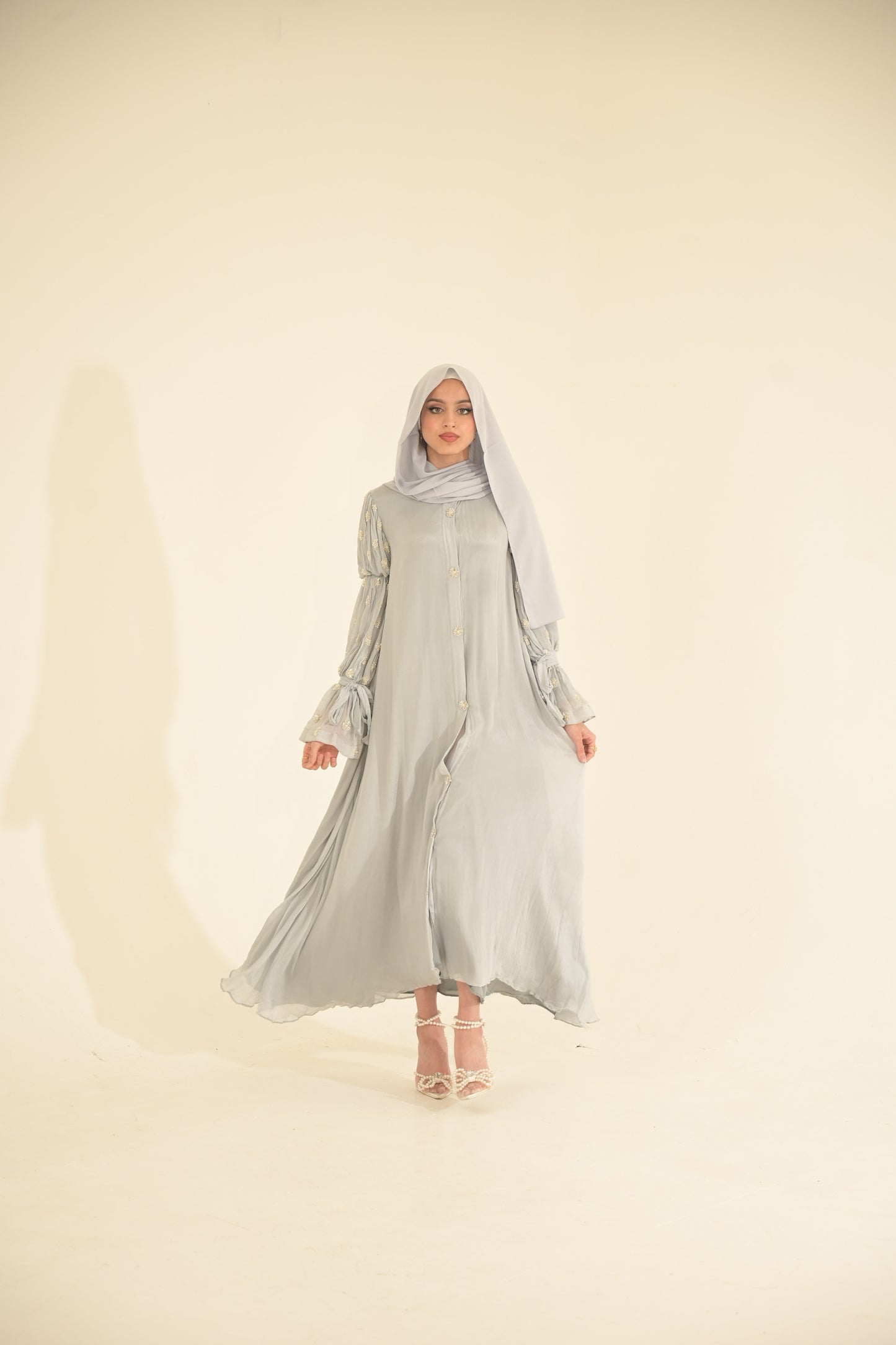 Baby blue, chiffon embroidered Abaya