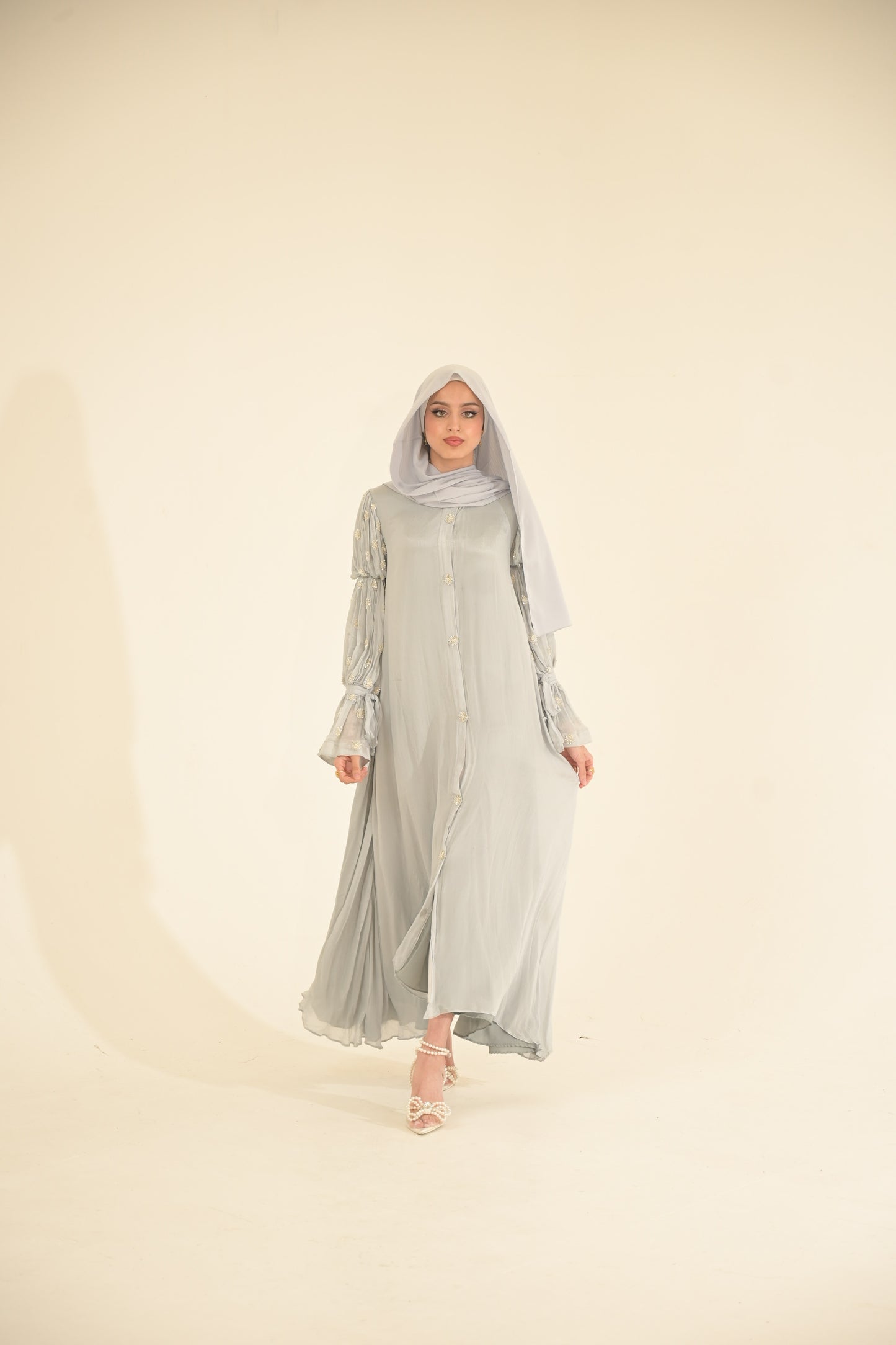 Baby blue, chiffon embroidered Abaya