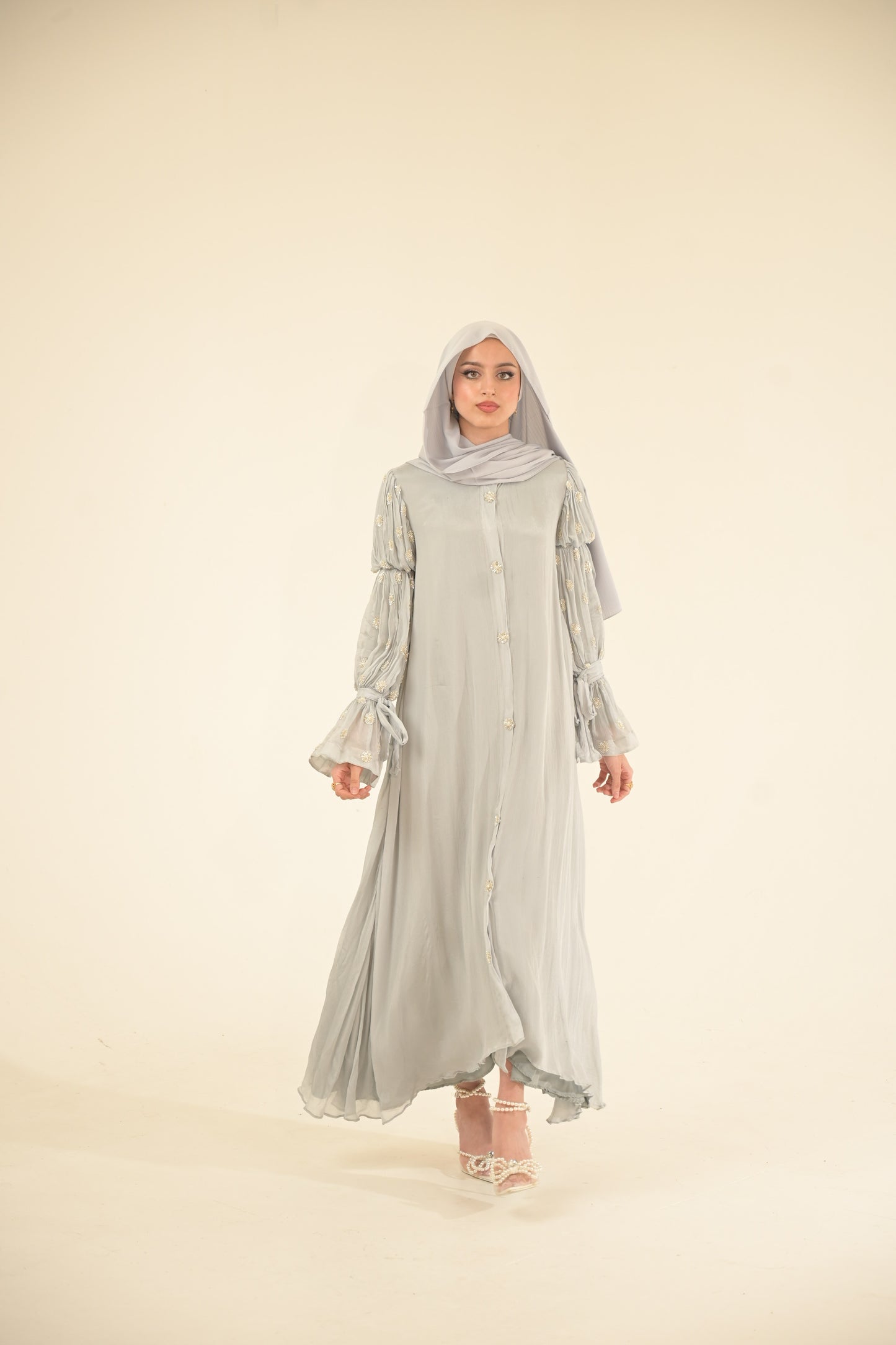 Baby blue, chiffon embroidered Abaya