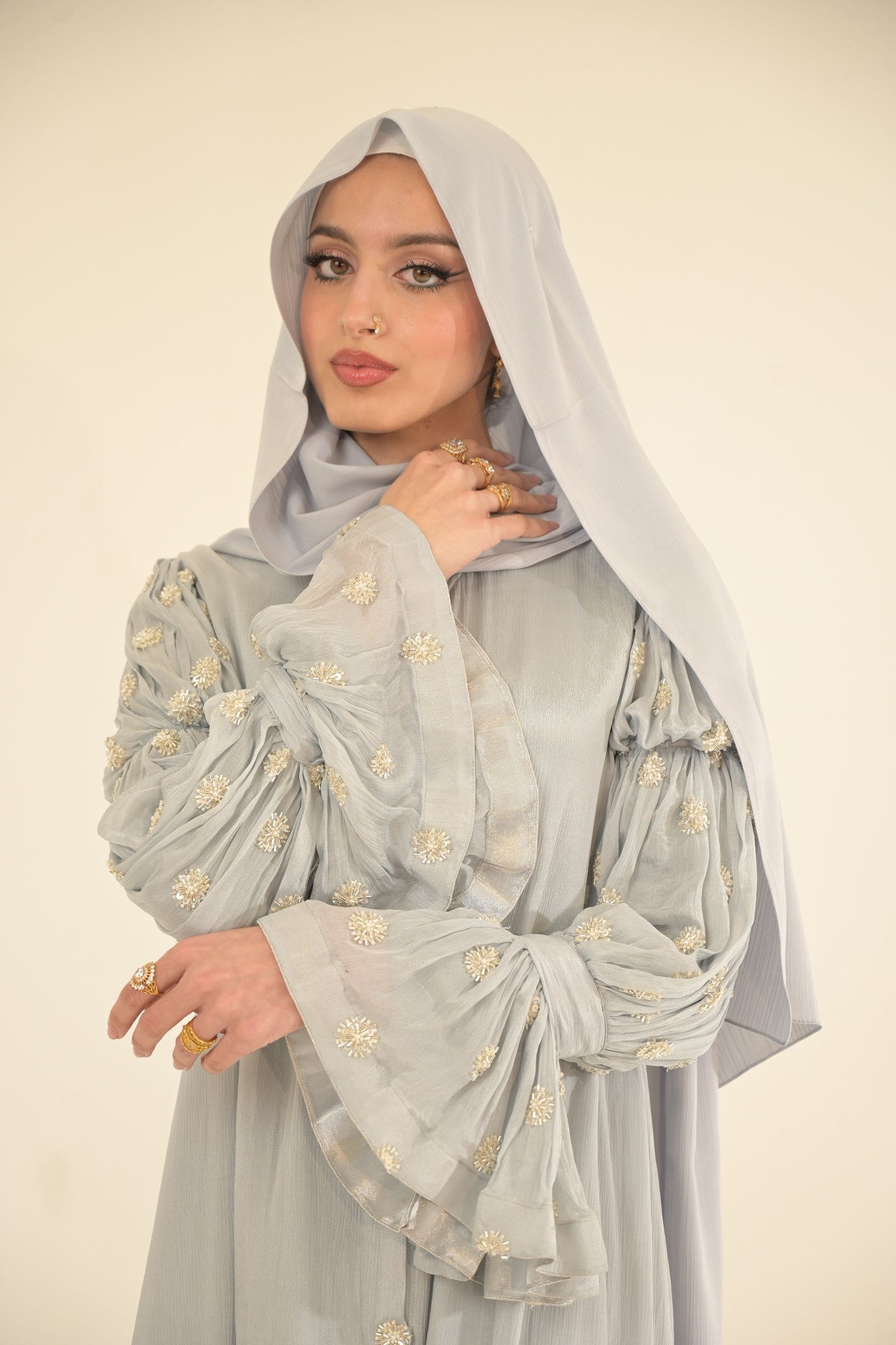 Baby blue, chiffon embroidered Abaya