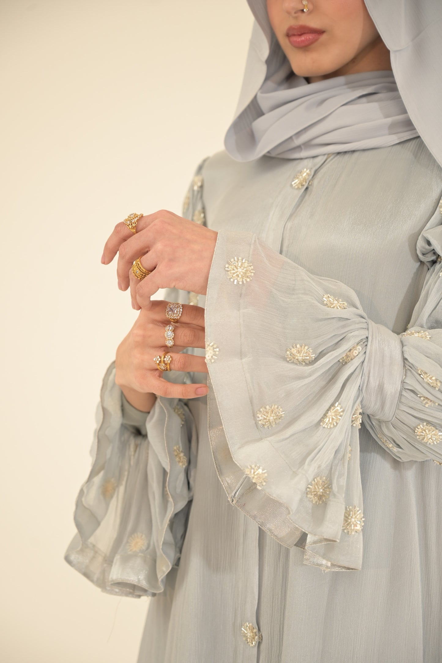 Baby blue, chiffon embroidered Abaya