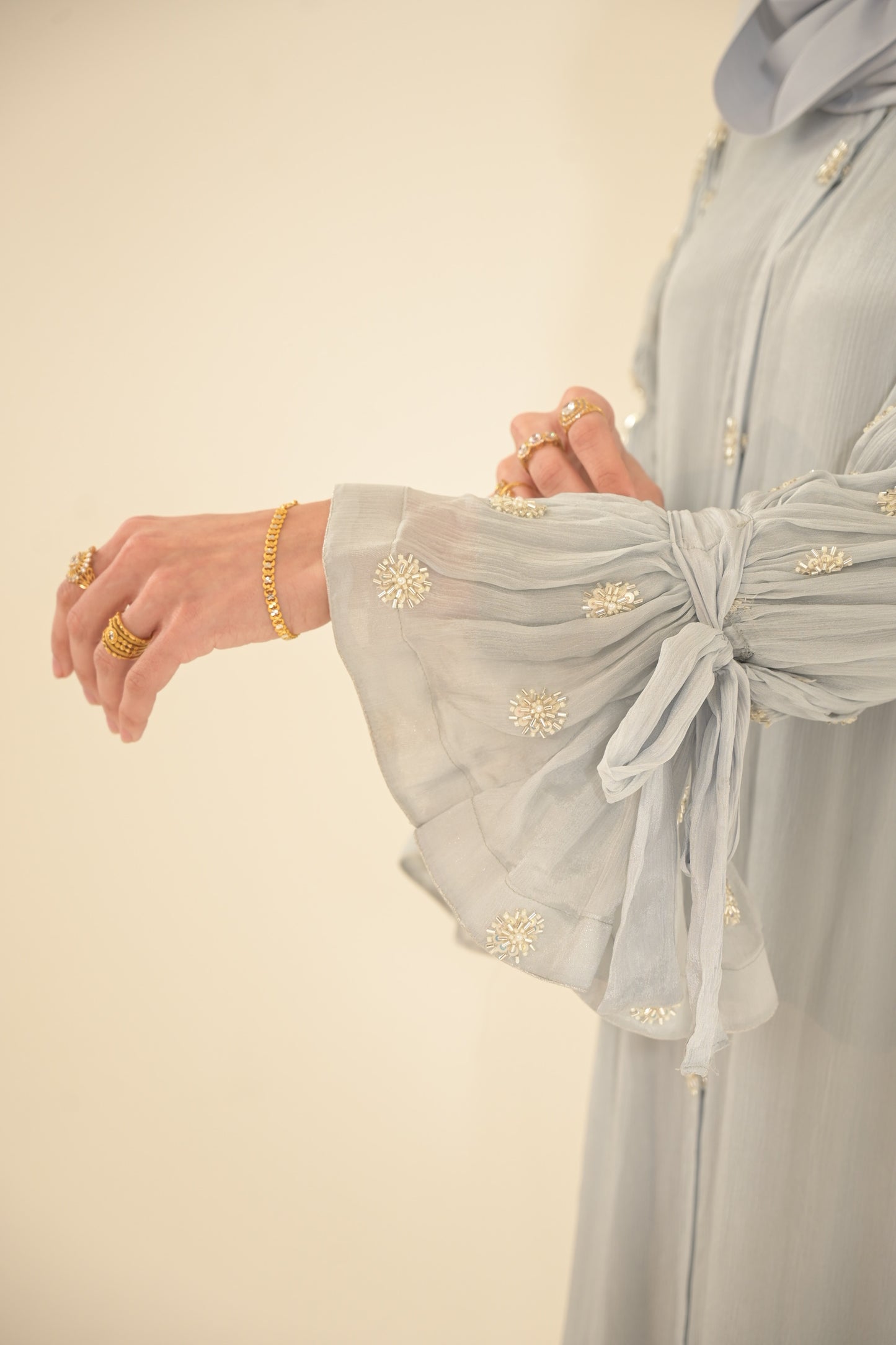 Baby blue, chiffon embroidered Abaya
